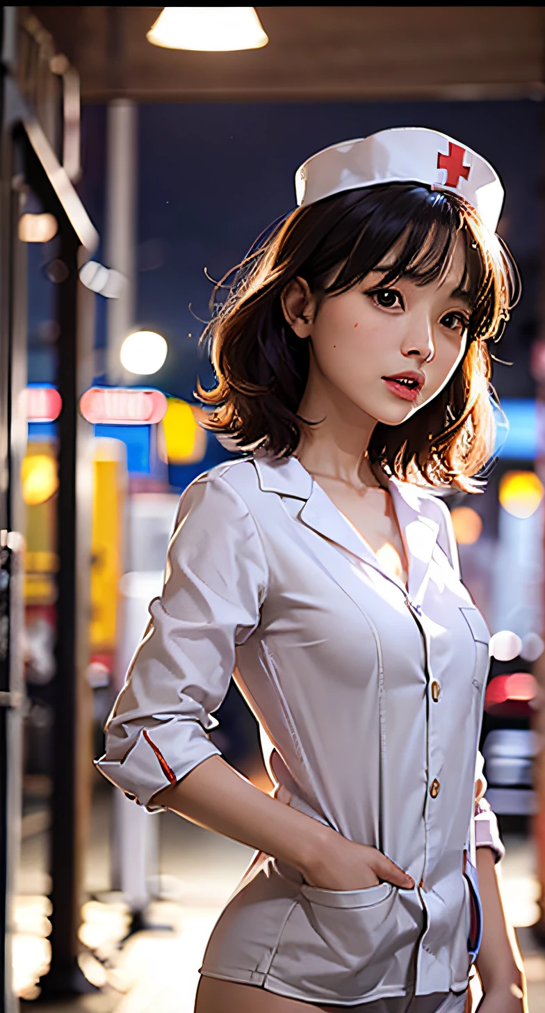 Beautiful woman in nurse suit, standing, small breasts, panorama, night scene, realistic style, cinema shooting, 8K RAW, movie light effects, sexy girl,