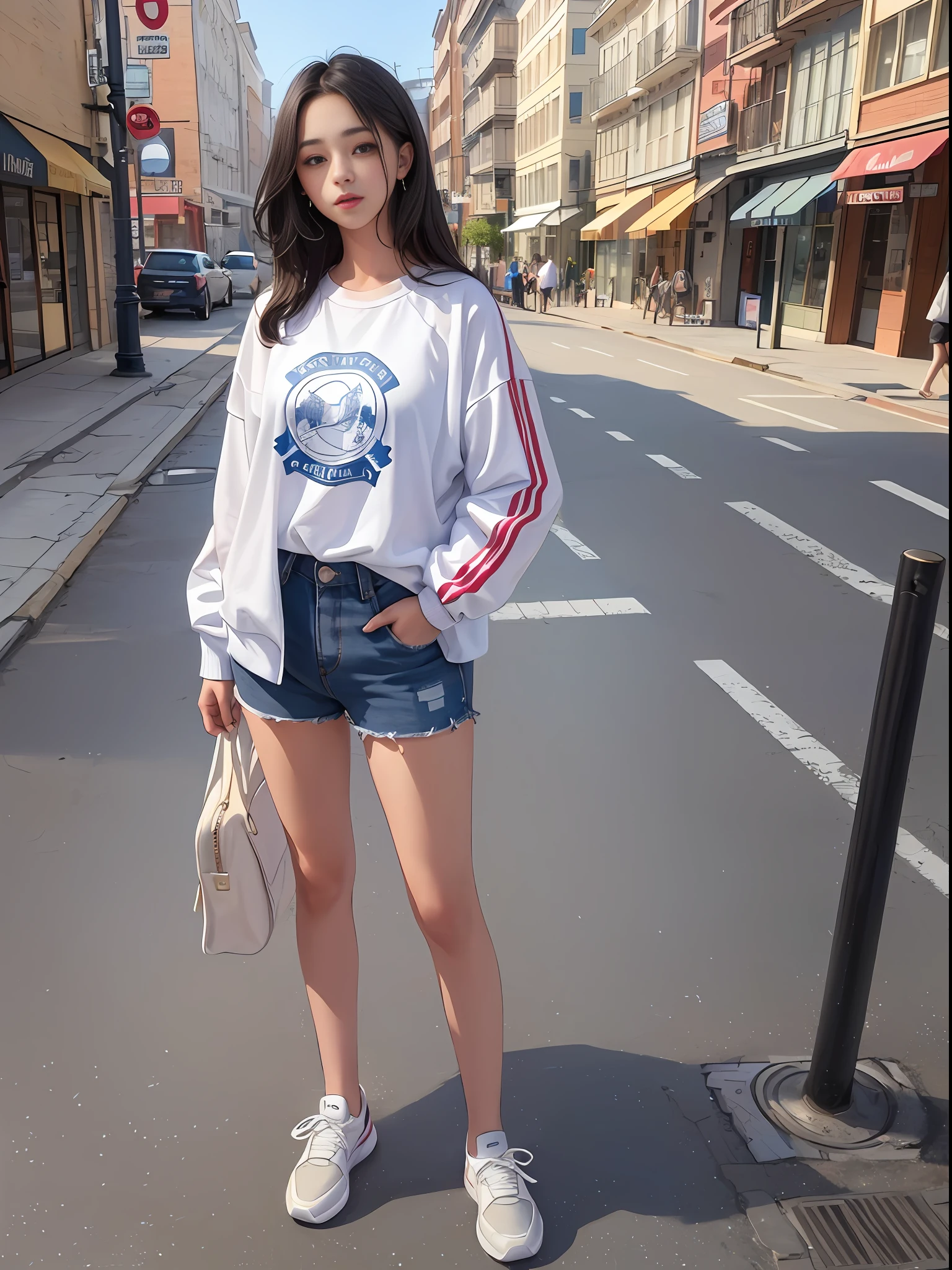a woman in a sneakers standing on a sidewalk, posing photo, thisset style, casual clothing style,outfit photo, simple style, one piece style, (hyperrealistic), (illustration), (high resolution), (8K), (extremely detailed), (best illustration), (beautiful detailed eyes), (best quality), (ultra-detailed), (masterpiece), (wallpaper), (detailed face)