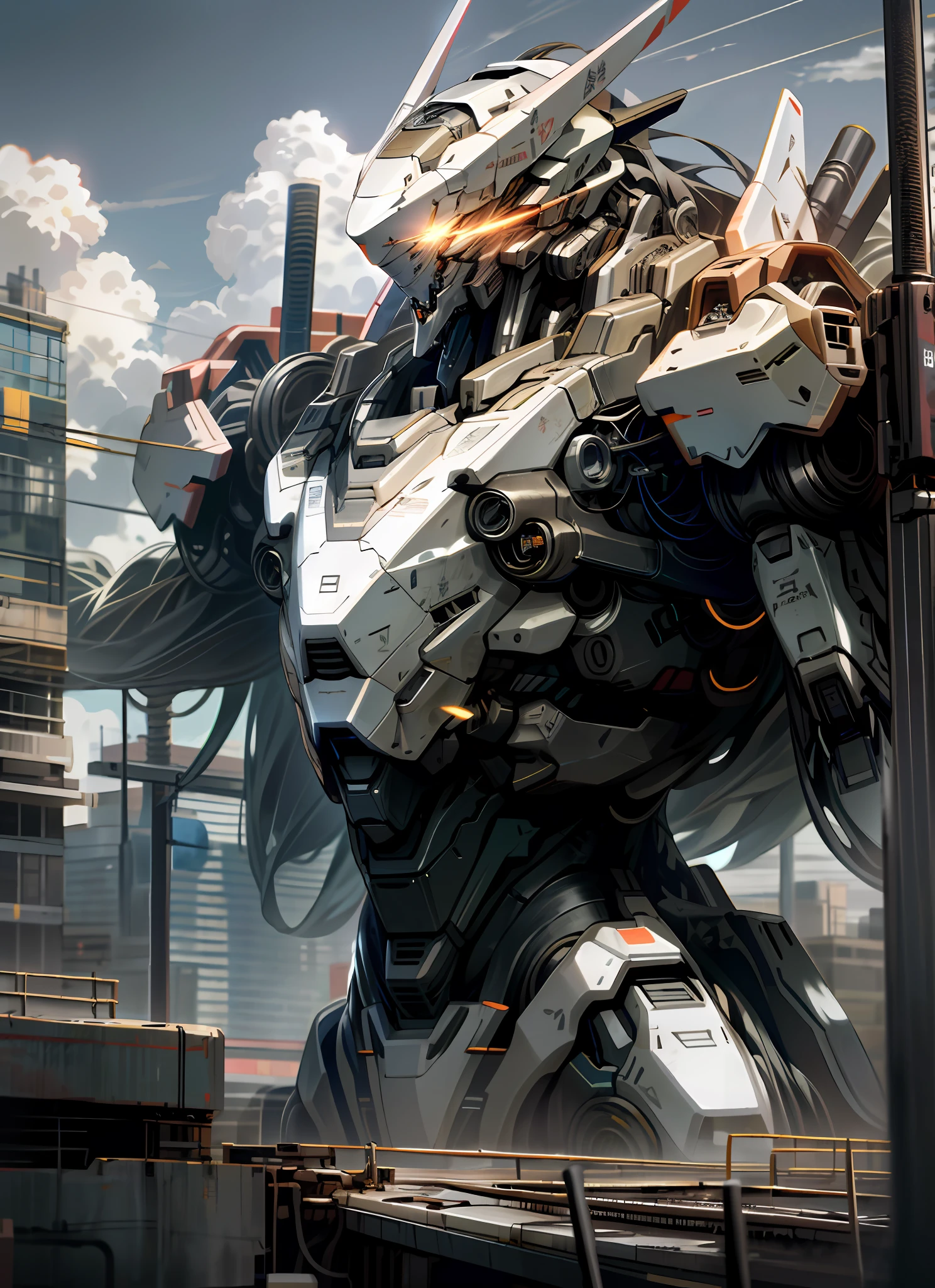 sky, cloud, holding_weapon, no_humans, glowing, , robot, building, glowing_eyes, mecha, science_fiction, city, realistic,mecha