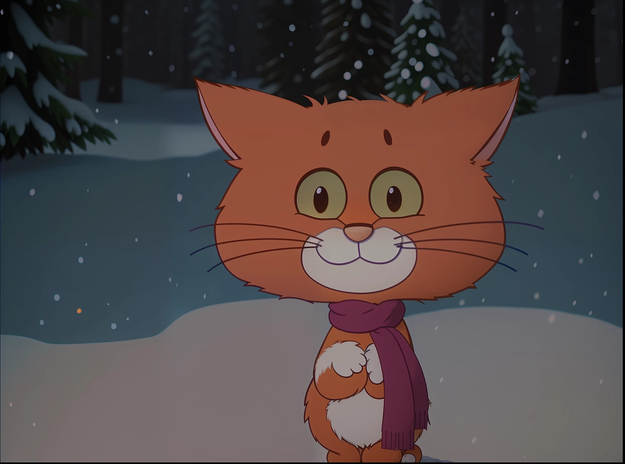 cartoon cat with scarf standing in snow covered area with trees, with garfield the cartoon cat, disney's bambi cat, animation still screencap, anime visual of a cute cat, film still from an cartoon, garfield the cat, gumball watterson, screenshot from the anime film, an orange cat, the cat is orange, anime cat, animated film still