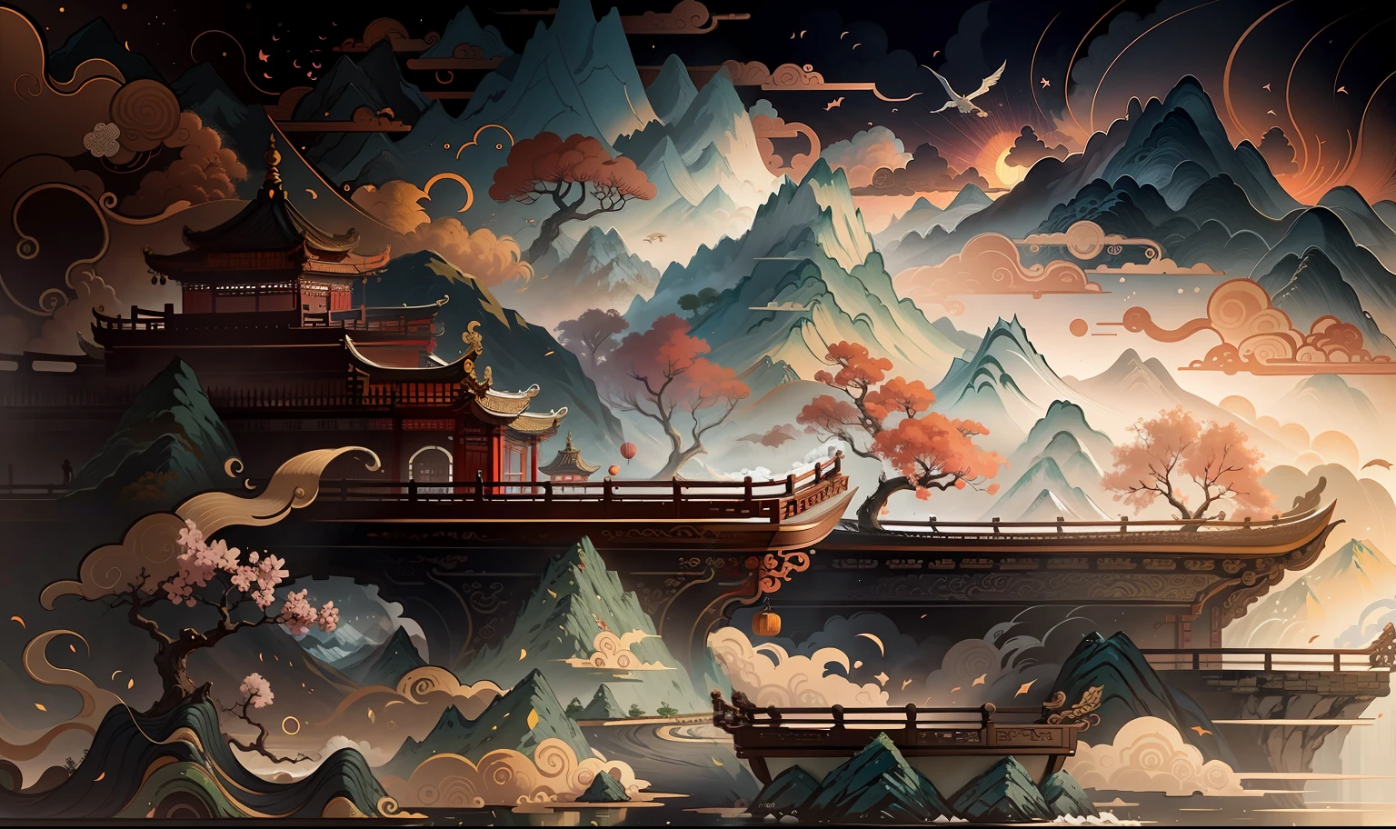 Ancient Chinese scenery, mountains, rivers, auspicious clouds, sunshine, masterpieces, super detail, epic composition, ultra HD, high quality, extremely detailed, official art, unified 8k wallpaper, Super detail, 32k -- v 6