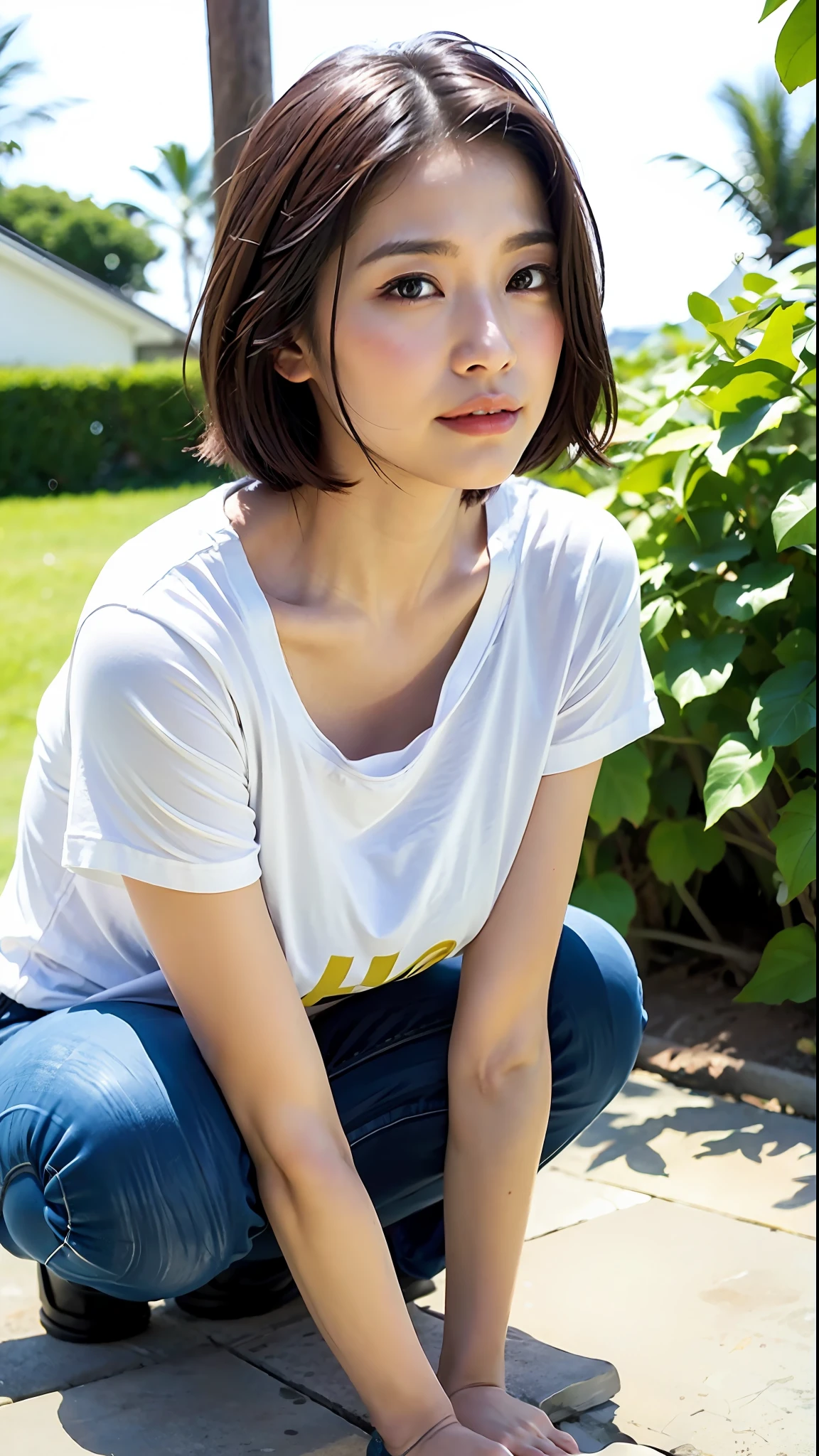 (Best Quality, 8k, 32k, Masterpiece, UHD: 1.2), Cute Japan Woman Photos, Black Short Hair, Beautiful Face, (Slouch: 1.3), Squatting, (From Top: 1.2), (Close-Up: 1.4), POV, Loose T-shirt, Big Breasts, (Beautiful Nipple Slip: 0.9), Outdoor, Wind, Glossy Skin, Blurry Background, Double