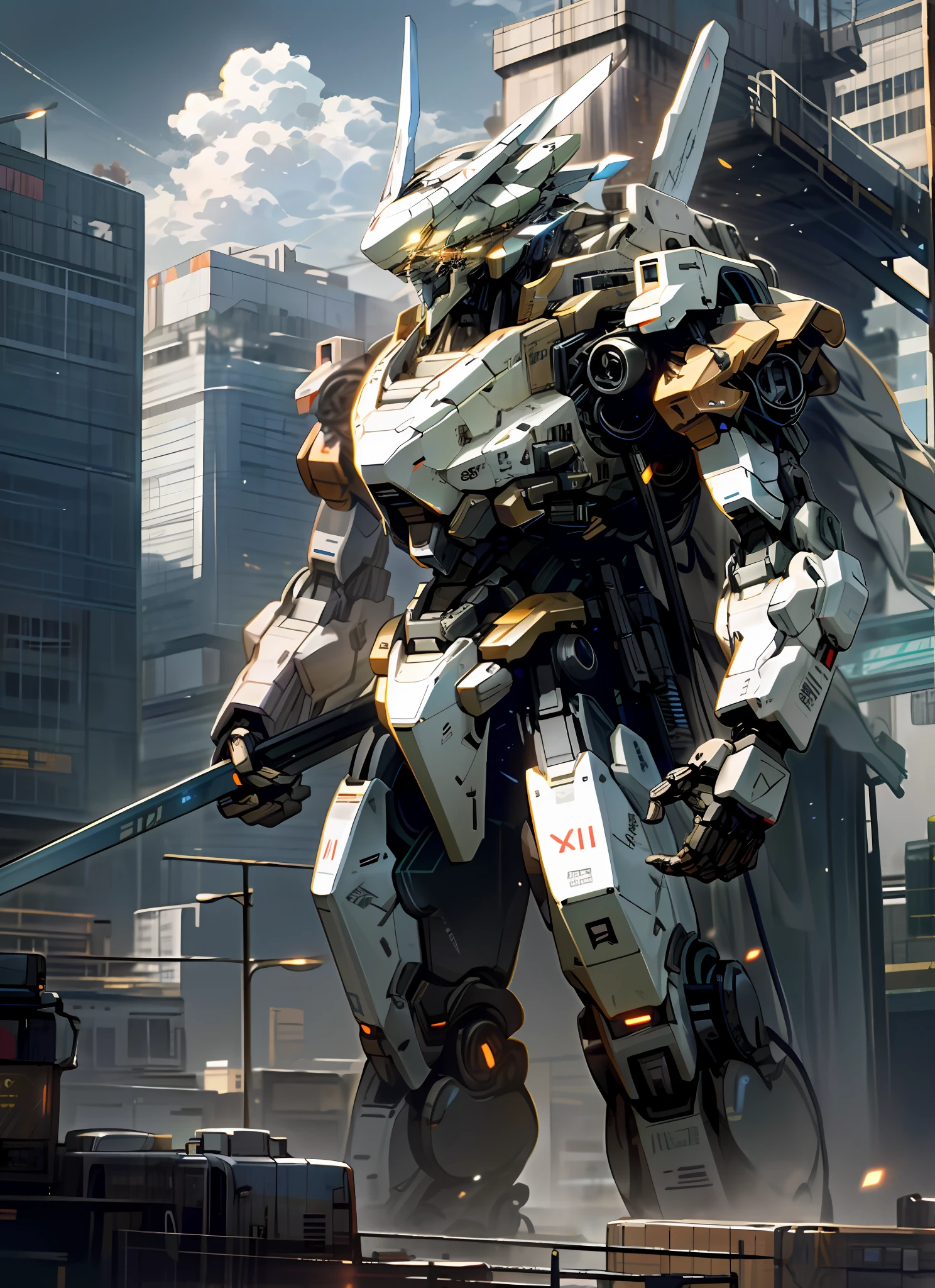 sky, cloud, holding_weapon, no_humans, glowing, , robot, building, glowing_eyes, mecha, science_fiction, city, realistic,mecha