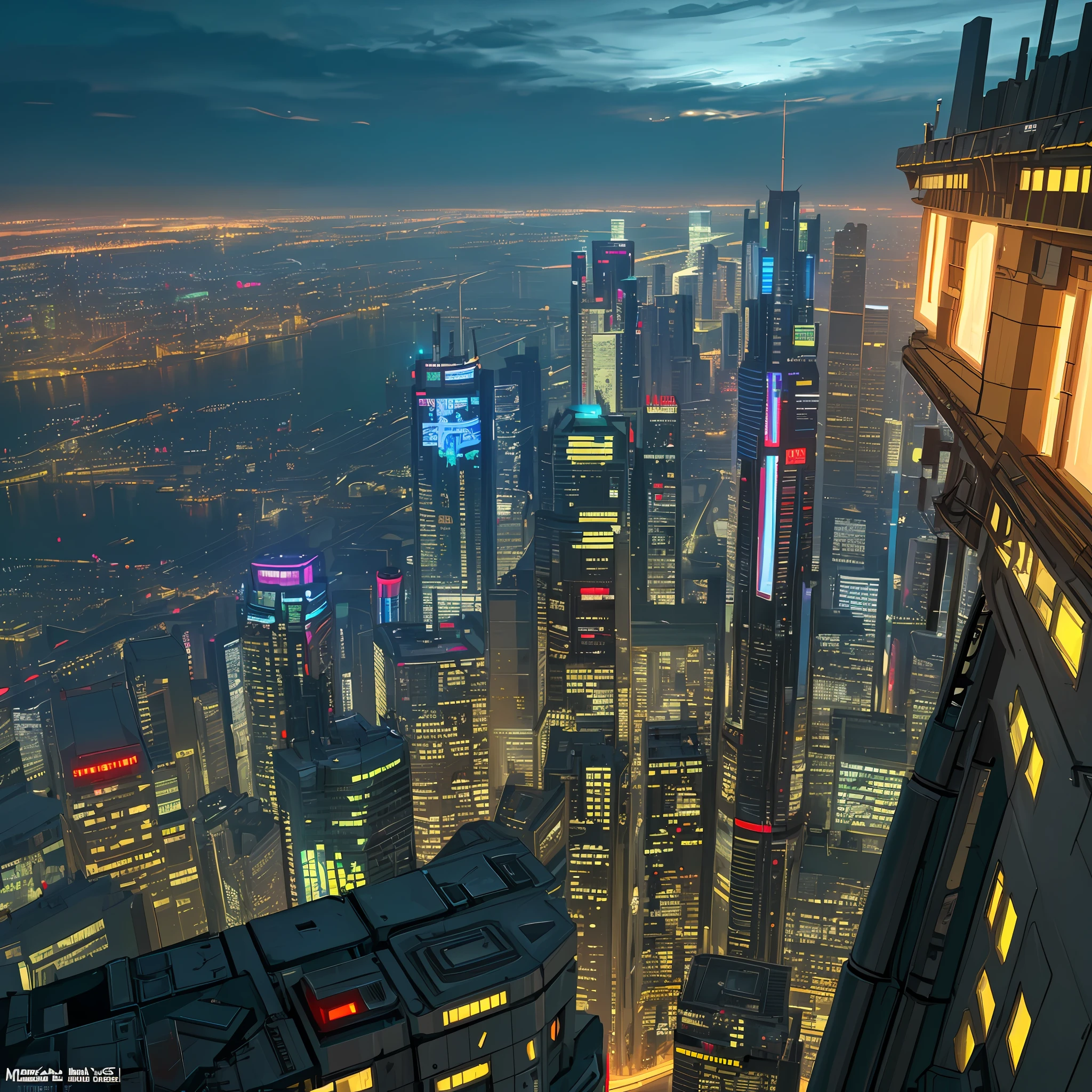 ((masterpiece)),((best quality)),((high detail)),((realistic,)), Cyberpunk, buildings, futuristic buildings, cyberpunk flying cars, illuminated night, cyberpunk night, panoramic view, view from above