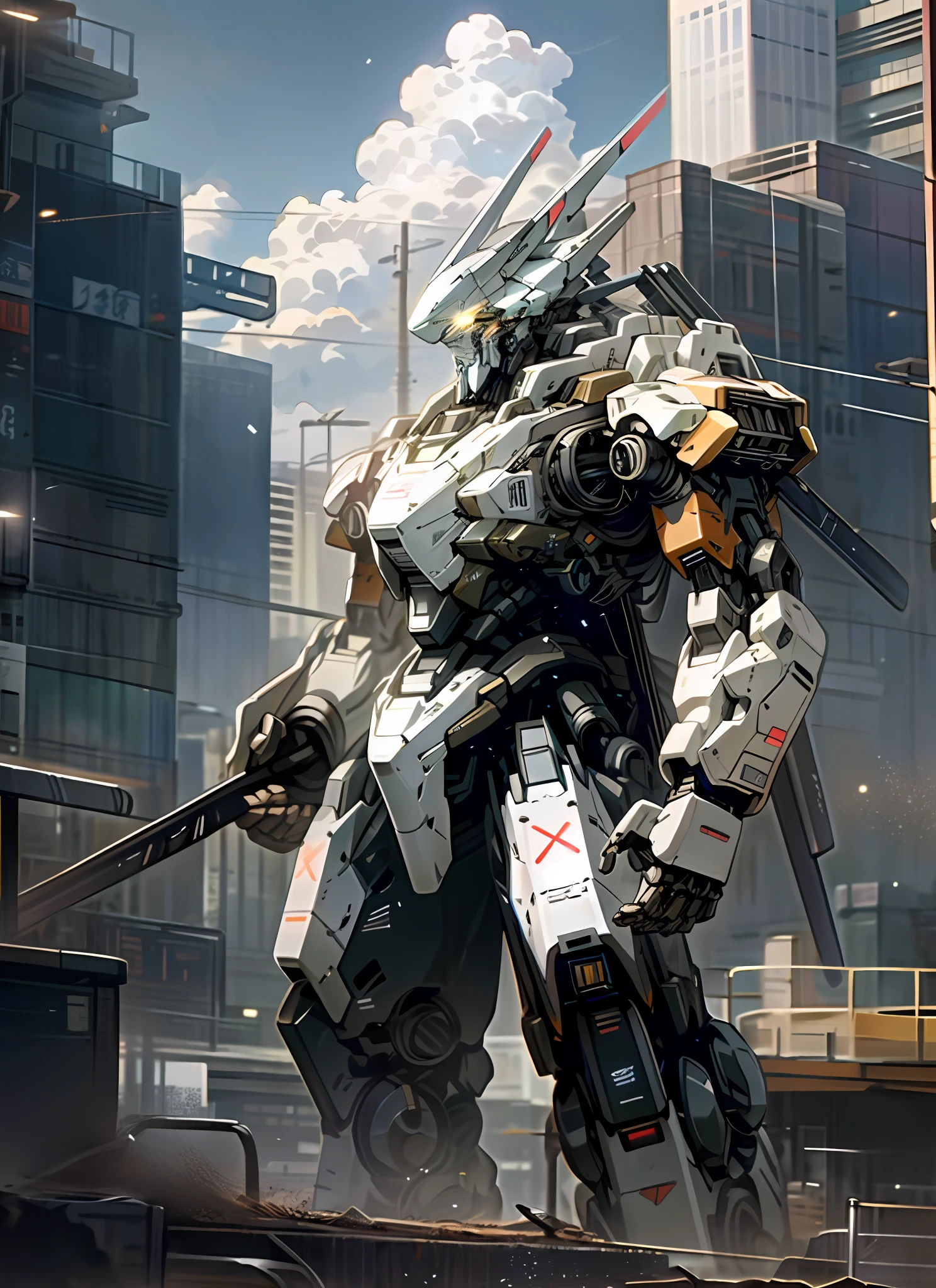sky, cloud, holding_weapon, no_humans, glowing, , robot, building, glowing_eyes, mecha, science_fiction, city, realistic,mecha