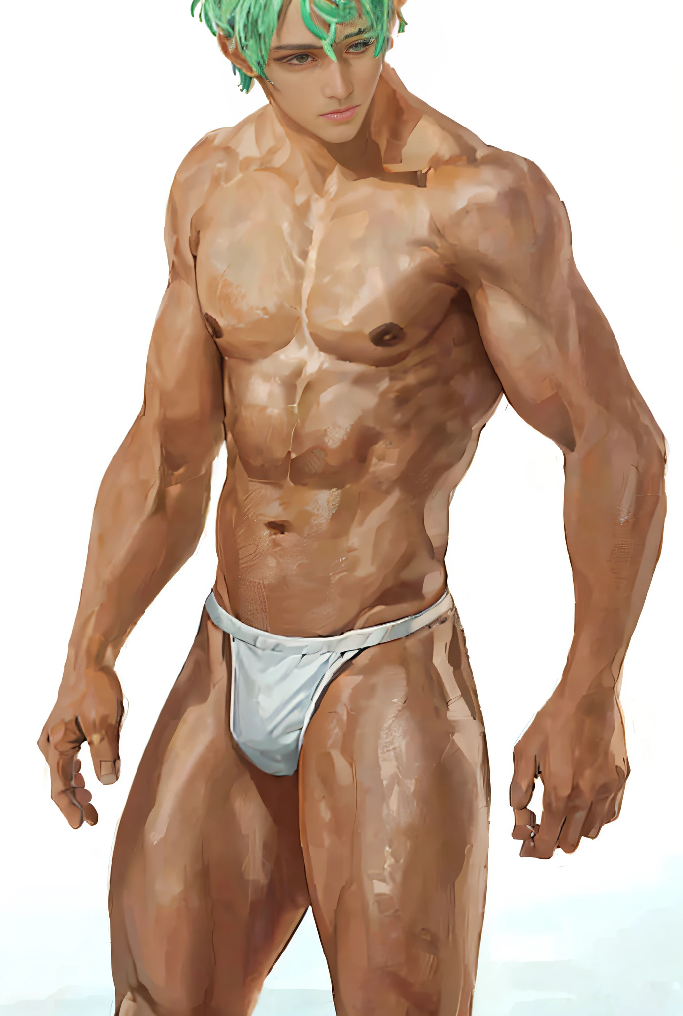 1boy, ((bara:1.5)), sport body, sexy, spread legs, detailed face, detailed hands, detailed legs, detailed fingers, detailed hair, detailed eyes, detailed skin, dynamic lighting, (detailed lighting:1.2), (detailed textures:1.3), (realistic lighting:1.2), realistic shadows, realistic skin, (photorealistic:1.4), 8k uhd, (hyper realistic), (photo realistic), (masterpiece), (best quality), body paint, small tiny black g-string, bare chest, flat chest, bare shoulders, small bulge, underwater, wide angle, swimming, athletic body, male, iridescent skin, perfect eyes, messy green hair , bio-luminescent