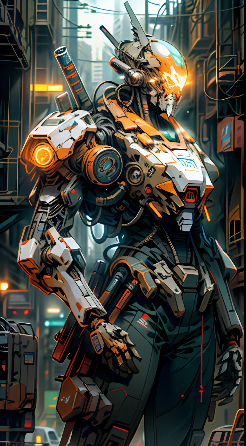On the moon,barren planets, ruins, holding_weapon, no_humans, glowing, robot, building, glowing_eyes,orange mecha, science_fiction, city, realistic,mecha,Milky Way Galaxy background,neon,cyberpunk,