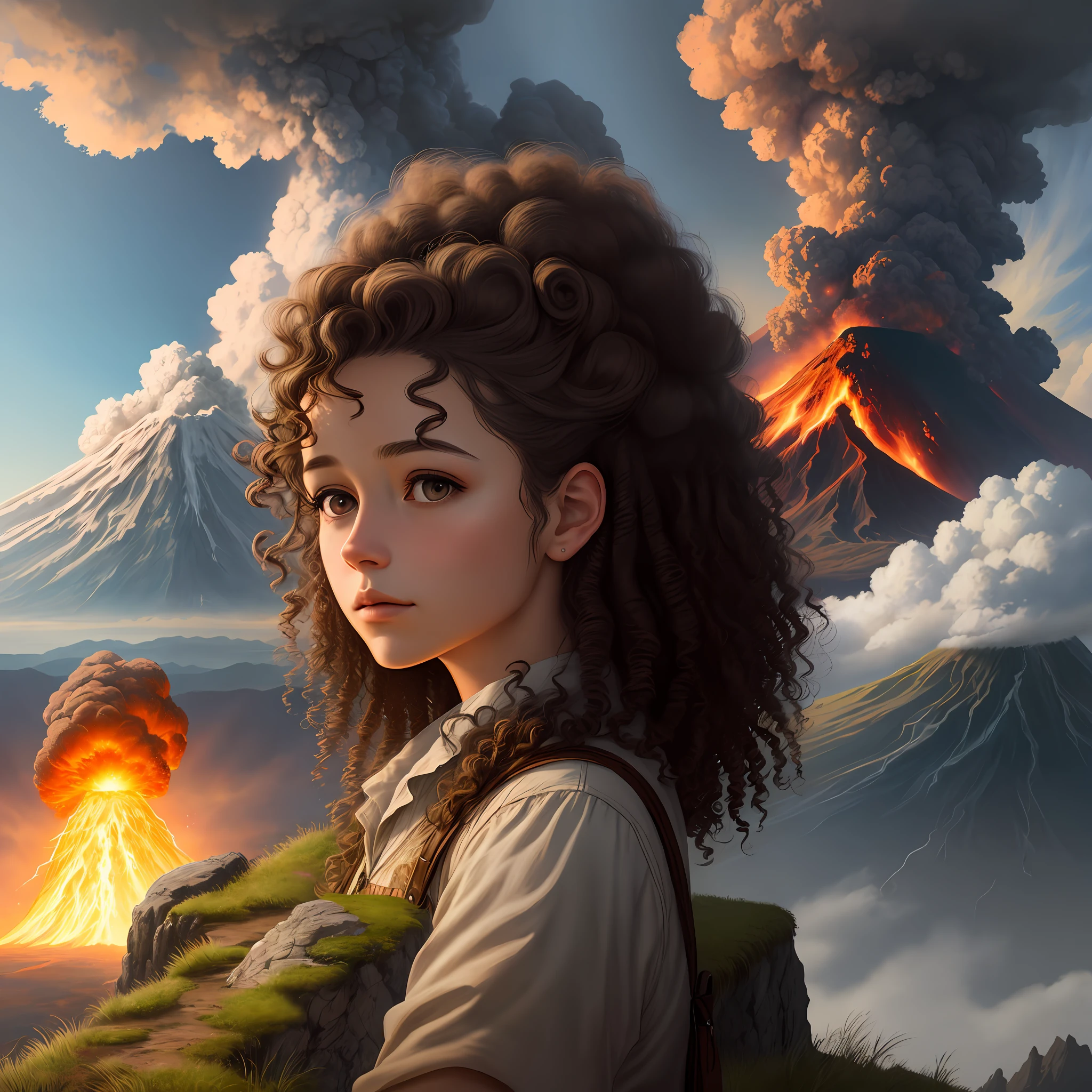 Drawing, fantasy, realism, high detail, rock, cliff, 26 year old girl with curly brown hair, looking at the sky, erupting volcano, 8kk