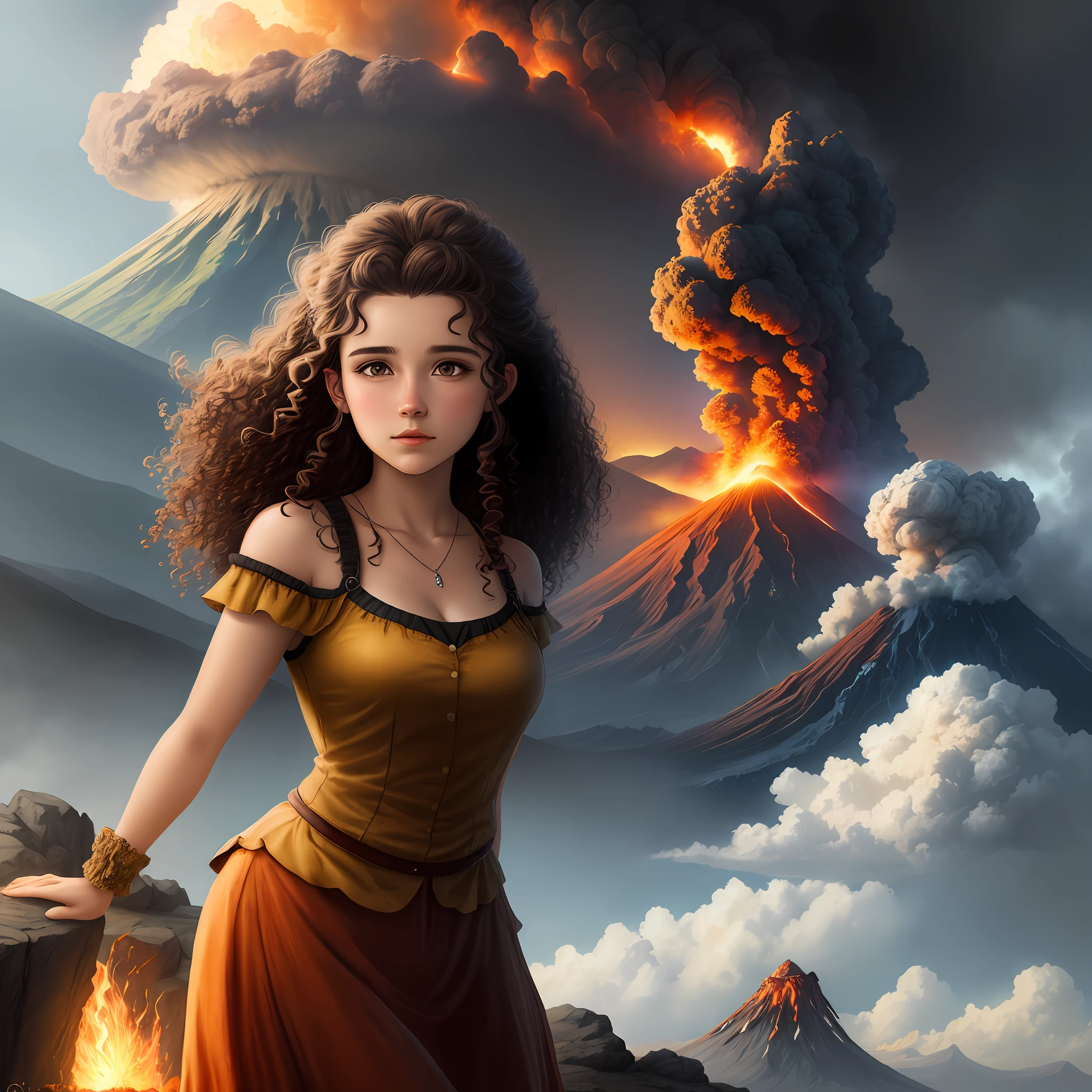 Drawing, fantasy, realism, high detail, rock, cliff, 26 year old girl with curly brown hair, looking at the sky, erupting volcano, 8kk