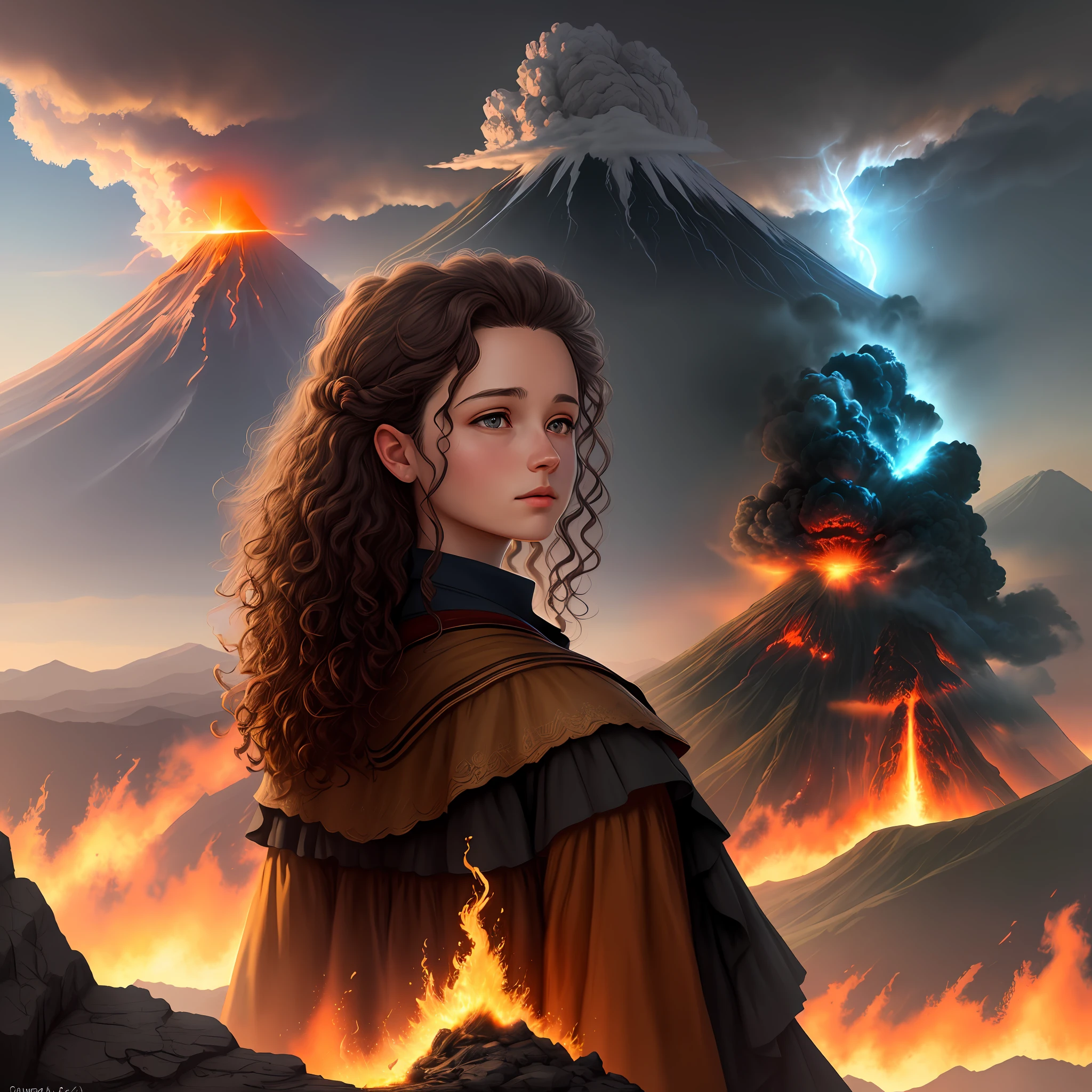 Drawing, fantasy, realism, high detail, rock, cliff, 26 year old girl with curly brown hair, looking at the sky, erupting volcano, 8kk