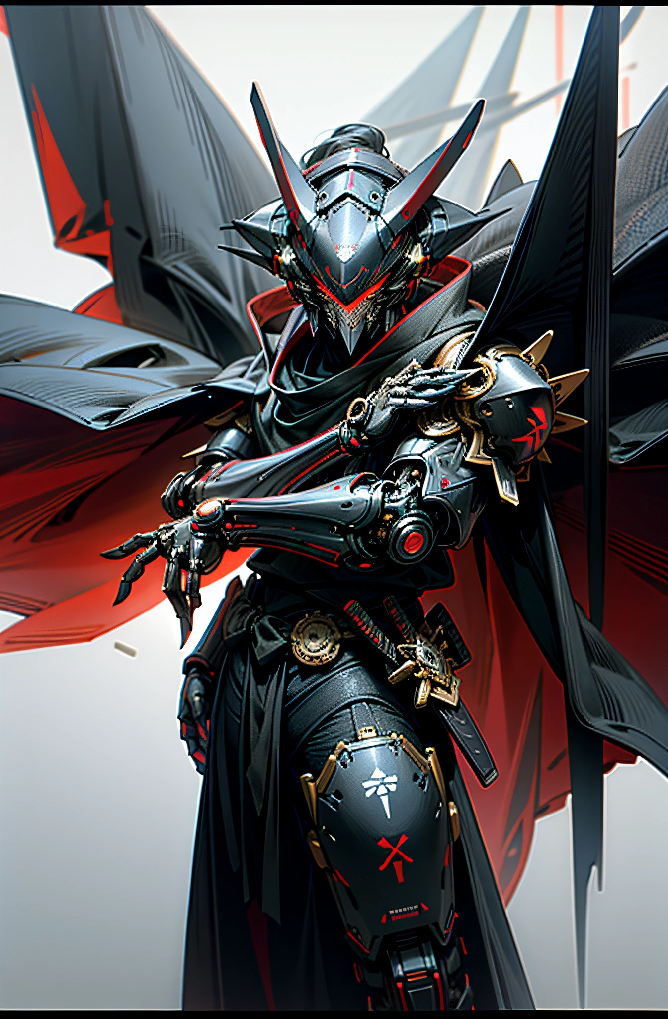 Dark_Fantasy,Cyberpunk,1manMechanical marvel,Robotic presence,Cybernetic guardian, samurai mechanical armour, katana on the waist, absolutely stunning art,wearing a black cloak, highest quality art, highest resolution, hyper detailed,black and red, futuristic, samurai robot, atmospheric,8k,64k, HD, unparalleled masterpiece, dynamic lighting, cinematic, epic