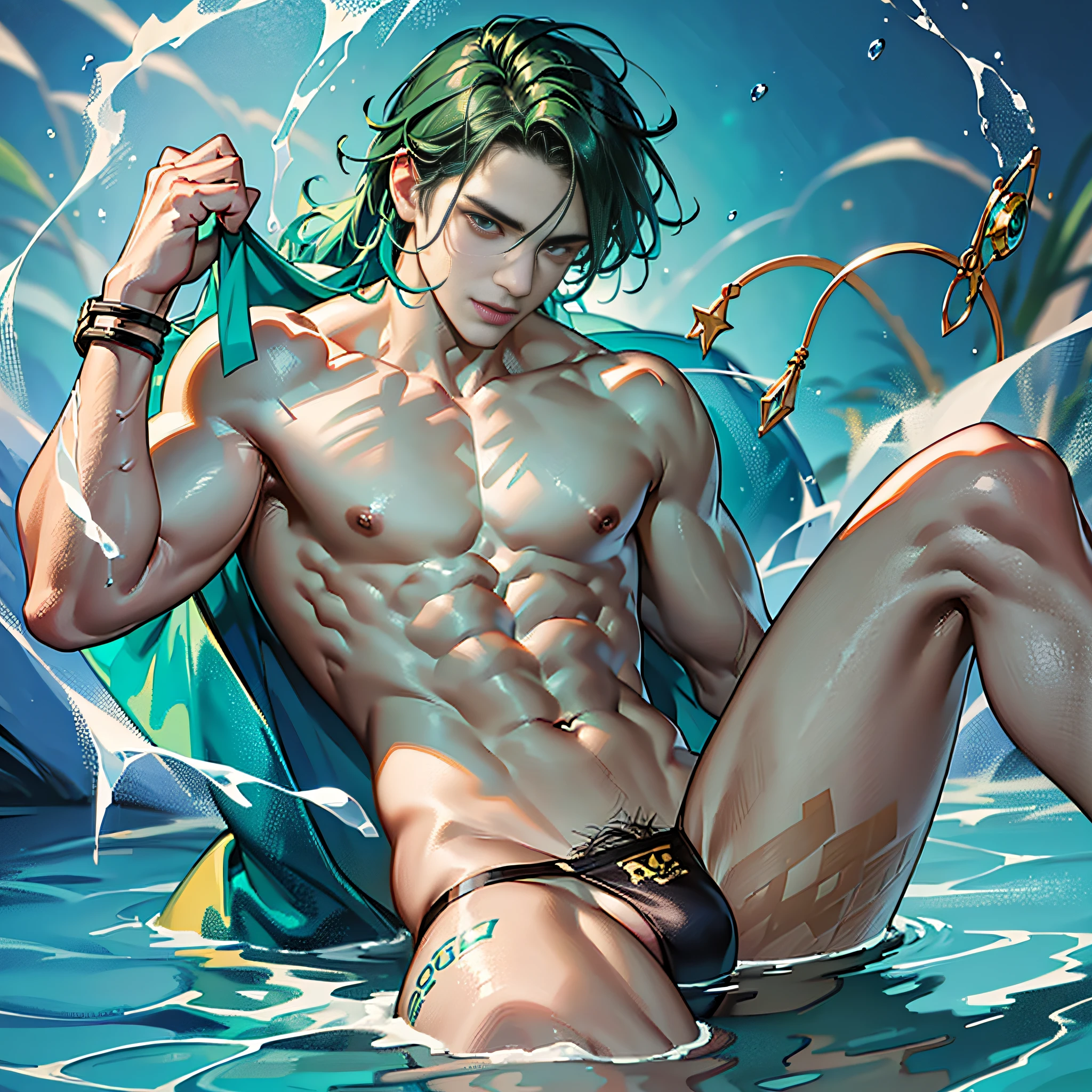 1boy, ((bara:1.5)), sport body, sexy, spread legs, detailed face, detailed hands, detailed legs, detailed fingers, detailed hair, detailed eyes, detailed skin, dynamic lighting, (detailed lighting:1.2), (detailed textures:1.3), (realistic lighting:1.2), realistic shadows, realistic skin, (photorealistic:1.4), 8k uhd, (hyper realistic), (photo realistic), (masterpiece), (best quality), body paint, small tiny black g-string, bare chest, flat chest, bare shoulders, small bulge, underwater, wide angle, swimming, athletic body, male, iridescent skin, perfect eyes, messy green hair , bio-luminescent