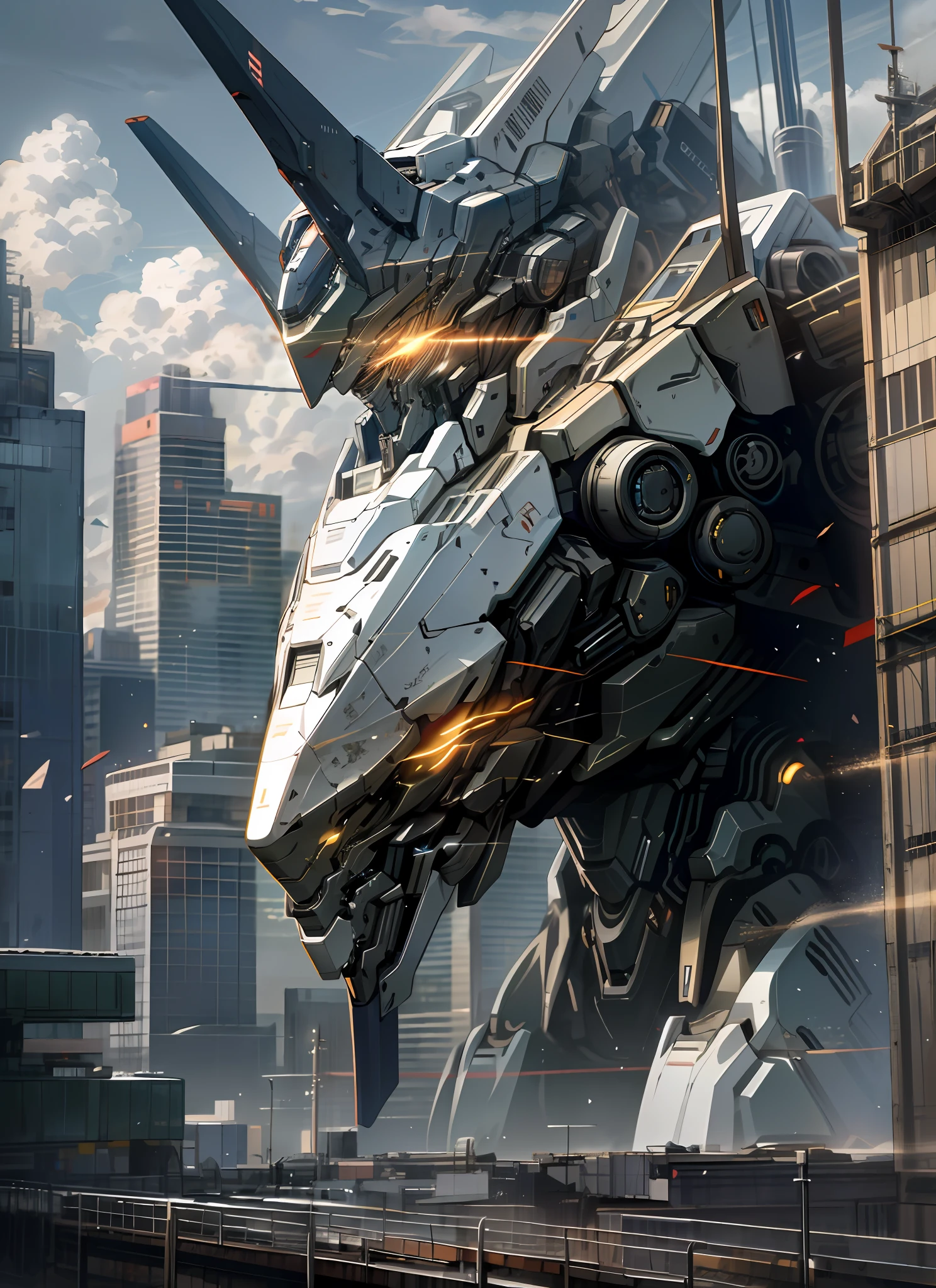 sky, cloud, holding_weapon, no_humans, glowing, , robot, building, glowing_eyes, mecha, science_fiction, city, realistic,mecha