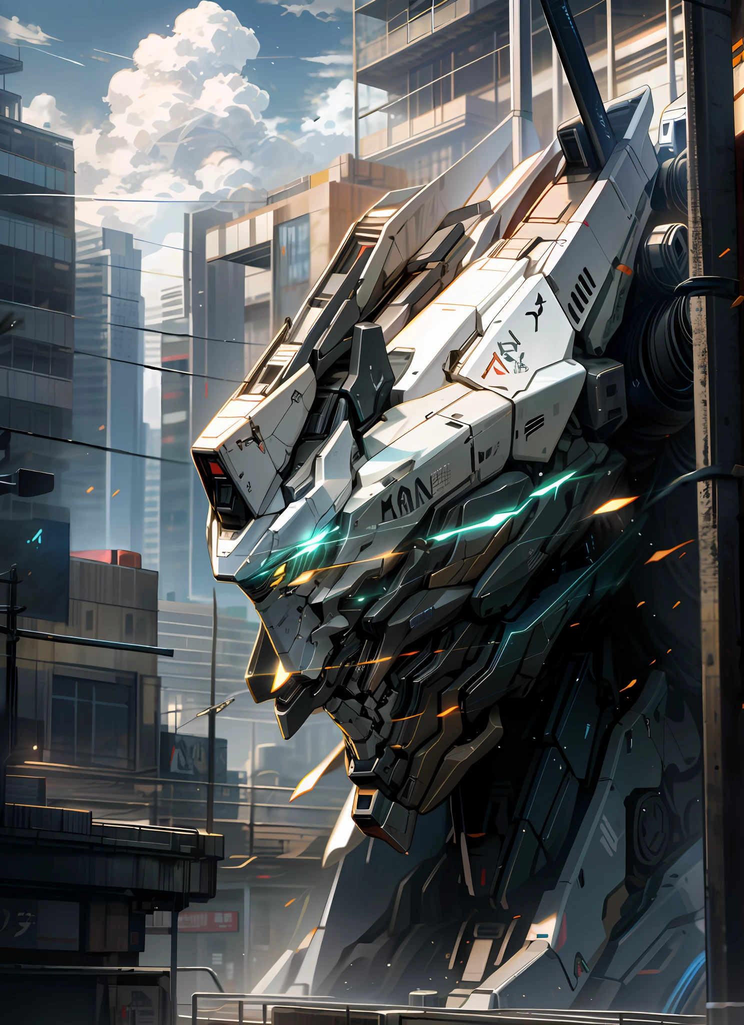 sky, cloud, holding_weapon, no_humans, glowing, , robot, building, glowing_eyes, mecha, science_fiction, city, realistic,mecha
