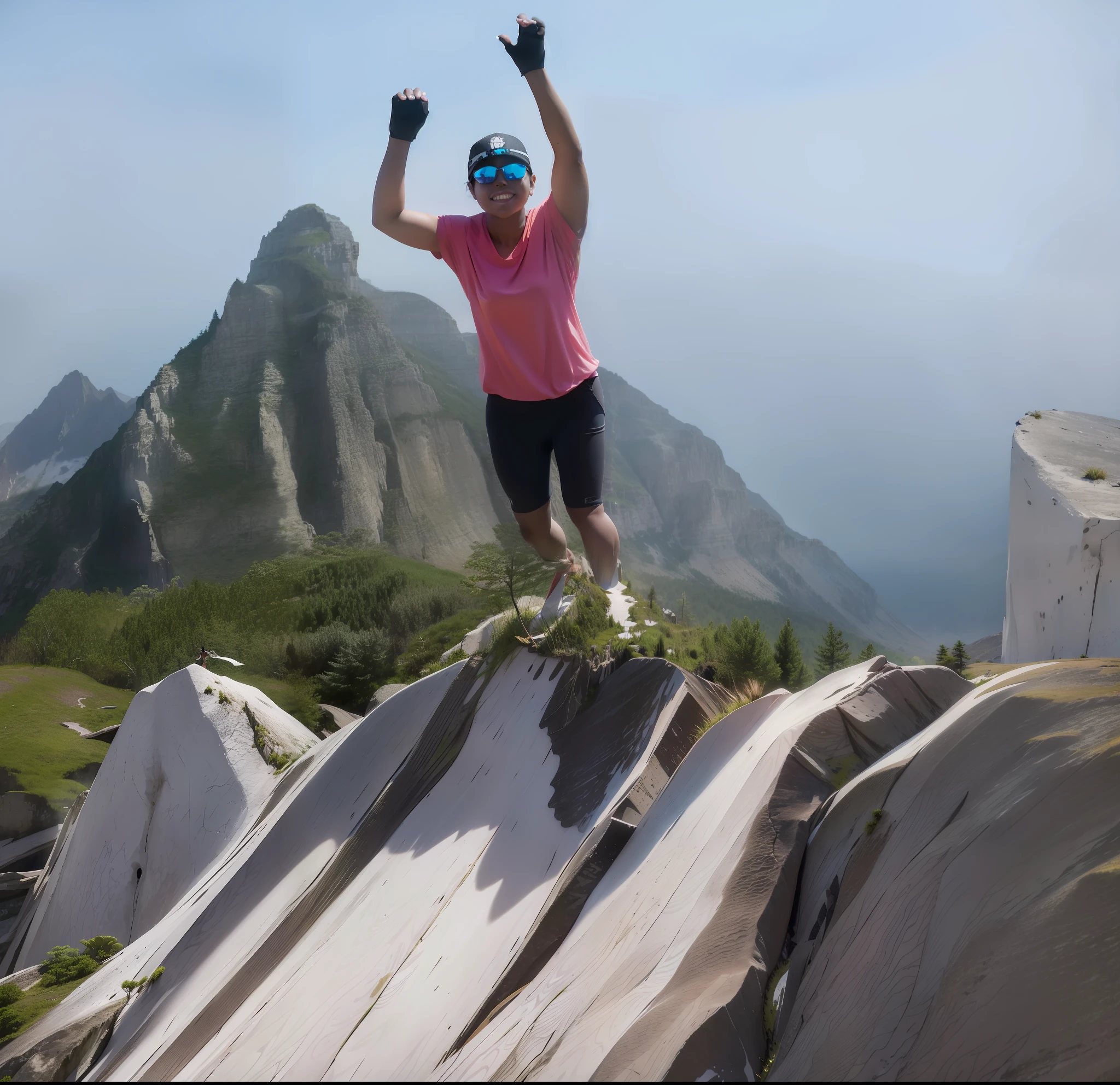 arafed woman standing on top of a mountain with her arms in the air, at the top of a mountain, on the top of a mountain, on top of a mountain, standing on mountain, with mountains in the background, standing on top of a mountain, on a mountain, profile pic, standing in front of a mountain, with mountains in background