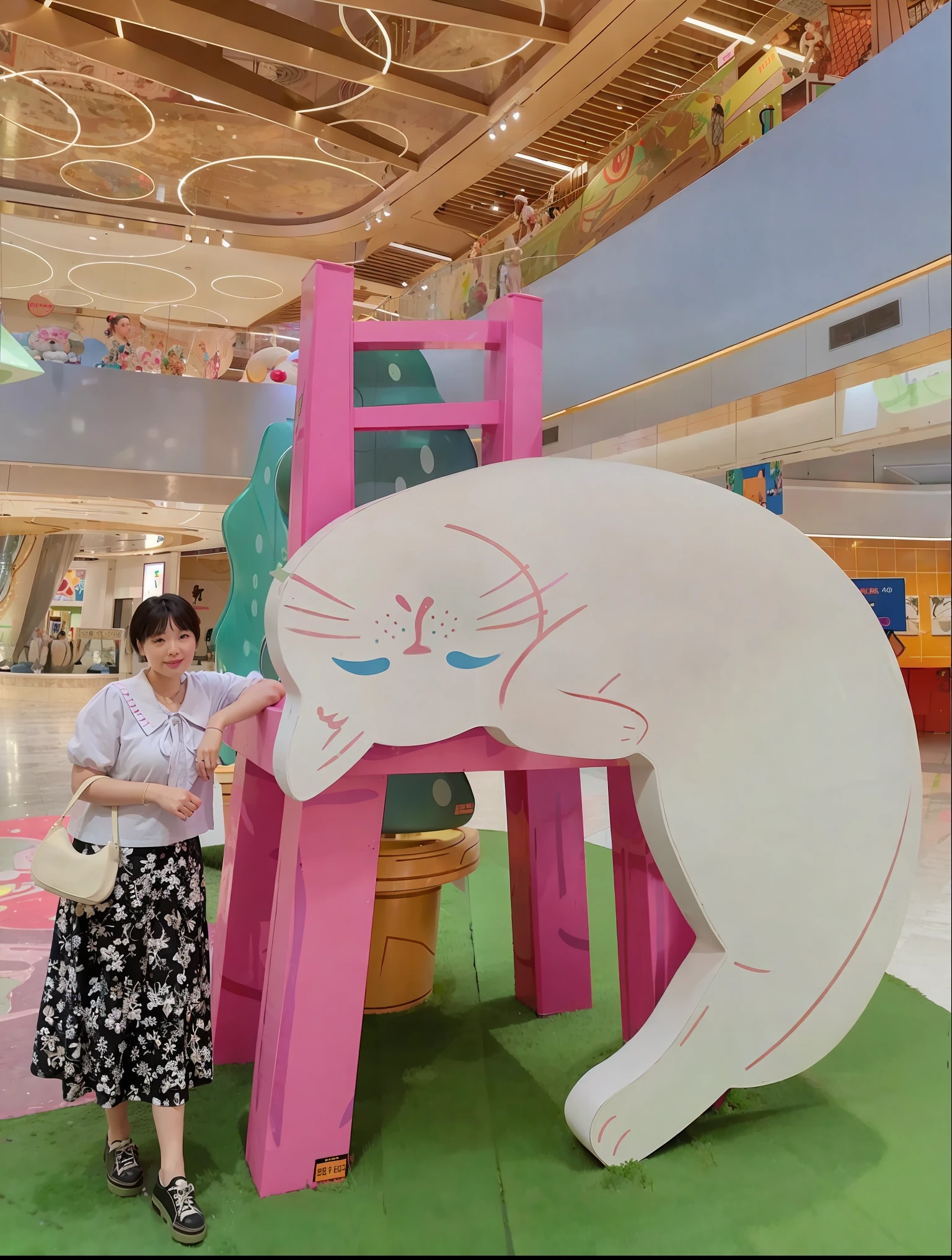 there is a woman standing next to a giant cat sculpture, appearing in a shopping mall, in a mall, at a mall, vaporwave mall aesthetic, hand painted cartoon art style, giant alice in wonderland, life-size, in magnificent shopping mall, trending ，, chinese artist, real life size, taken with sony alpha 9, 8k)), in tokio