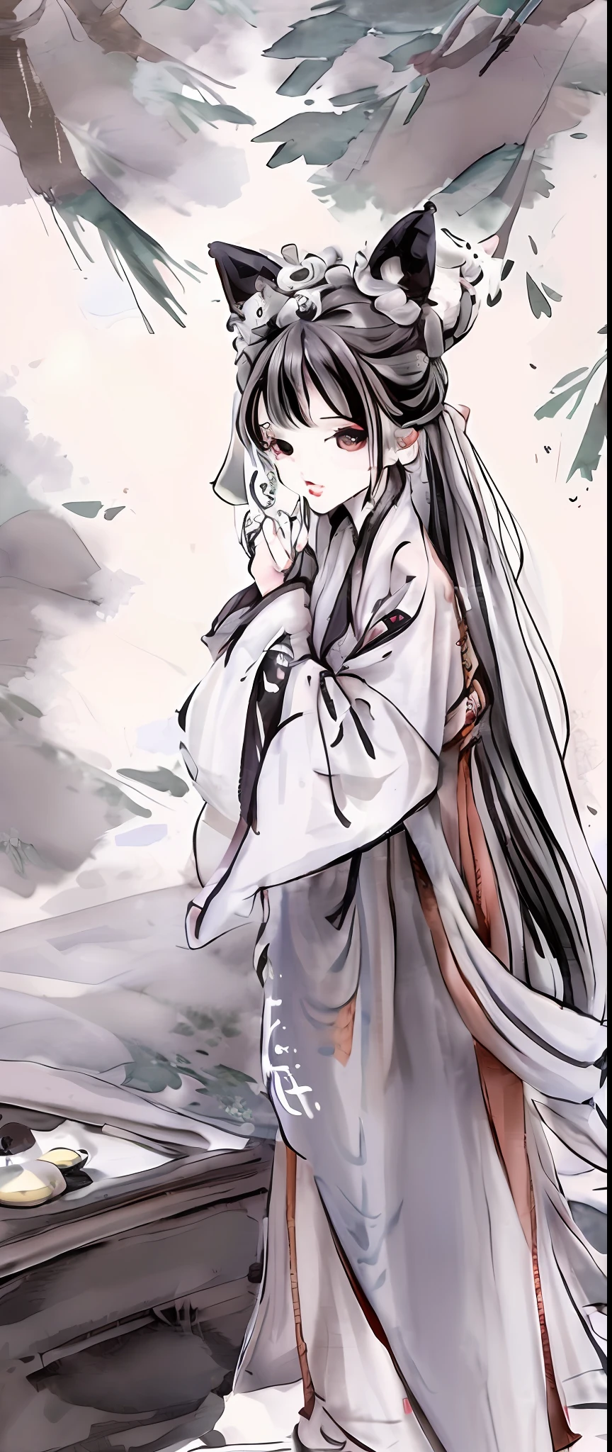 ((4k,masterpiece,best quality)), shuimobysim, Chinese painting, lotus, Hanfu, maxikit, conservatively dressed 1 boy, solo, white hair, fox ears, white, fish, there are many fish near the boy, look at the audience, tease oneeshota ,