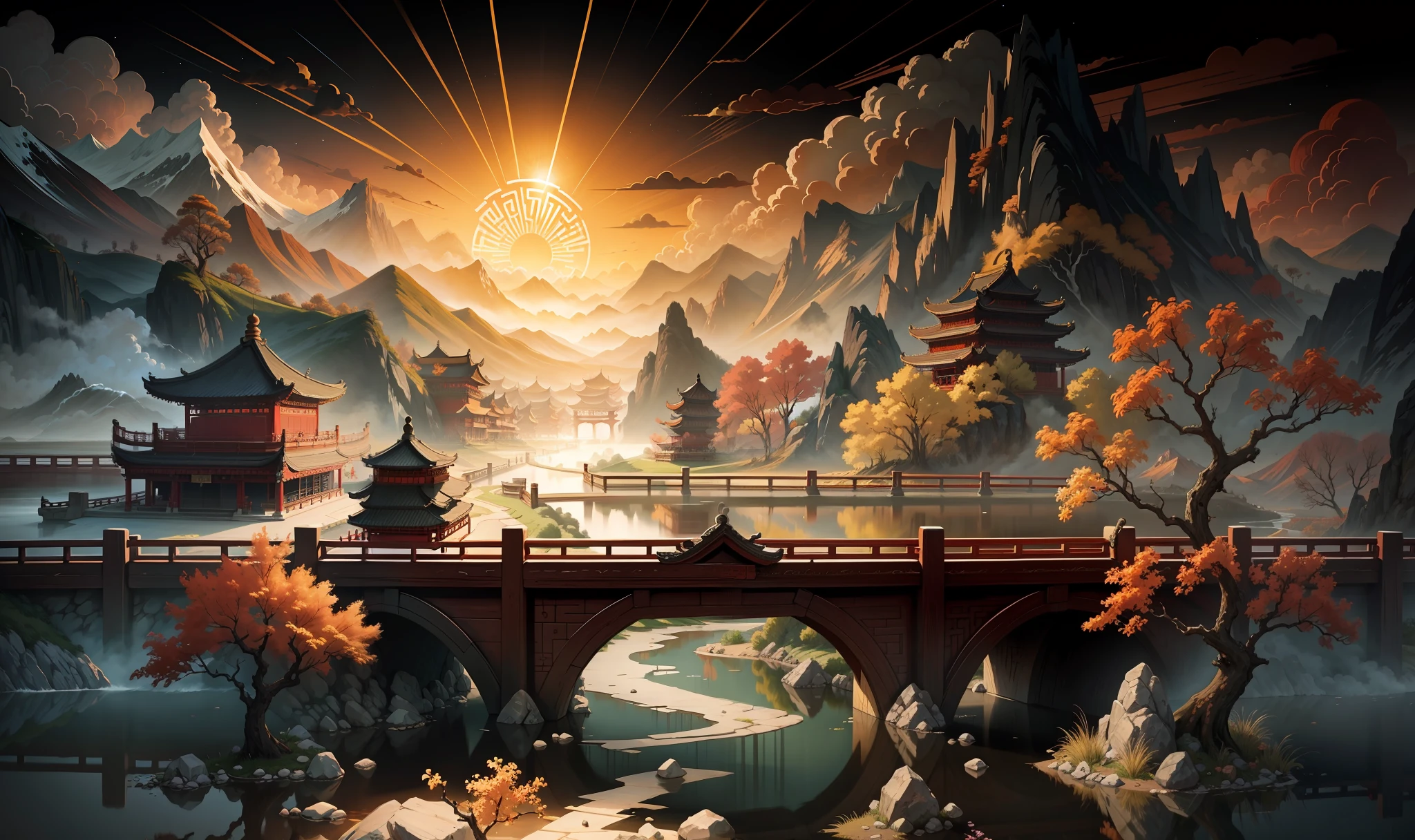 Ancient Chinese scenery, mountains, rivers, auspicious clouds, sunshine, masterpieces, super detail, epic composition, ultra HD, high quality, extremely detailed, official art, unified 8k wallpaper, Super detail, 32k -- v 6
