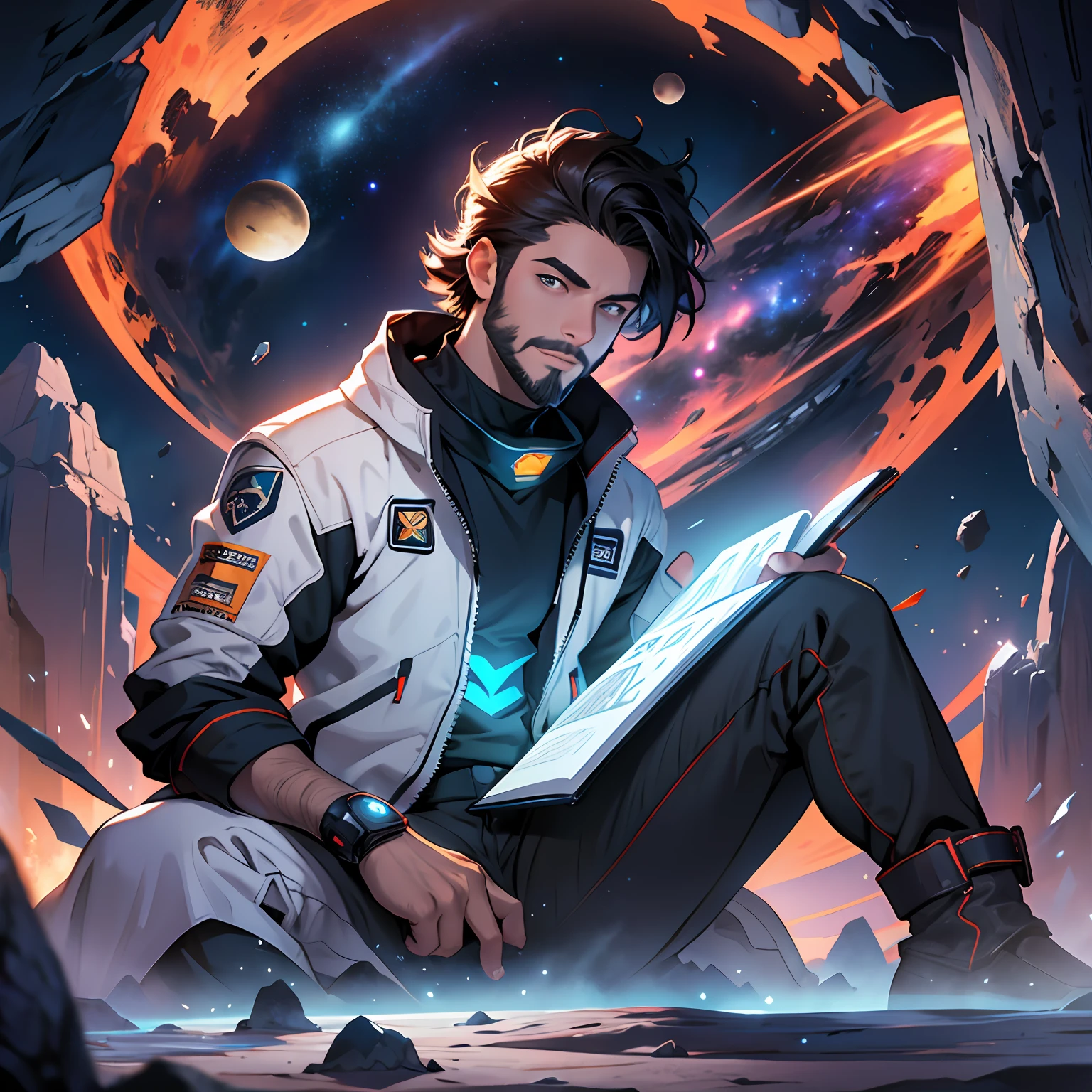 Draw a young programmer, sitting on a research platform floating in the middle of an asteroid belt. He is studying with a notebook, surrounded by several asteroids glowing with fiery auras. Dramatic lighting from distant stars and planets illuminates the scene, casting deep shadows on the suit. The young man looks confident and determined, looking at the vast and mysterious universe with wonder and respect,facial hair, cowboy shot, --auto --s2