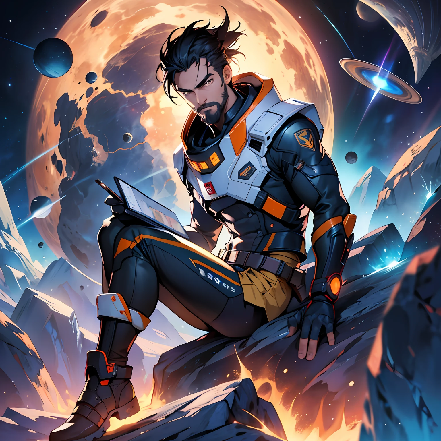 Draw a young programmer, sitting on a research platform floating in the middle of an asteroid belt. He is studying with a notebook, surrounded by several asteroids glowing with fiery auras. Dramatic lighting from distant stars and planets illuminates the scene, casting deep shadows on the suit. The young man looks confident and determined, looking at the vast and mysterious universe with wonder and respect,facial hair, cowboy shot, --auto --s2