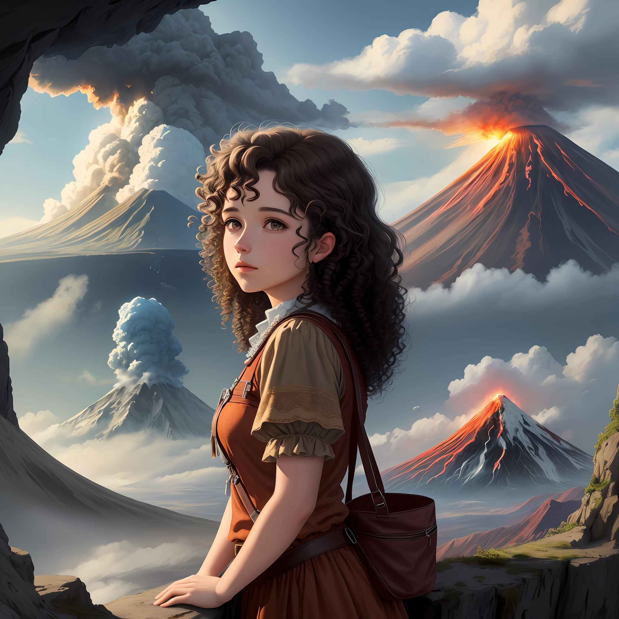 Drawing, fantasy, realism, high detail, mountain, cliff, cliff, girl 26 years old with curly brown hair, looking at the sky, erupting volcano, 8kk