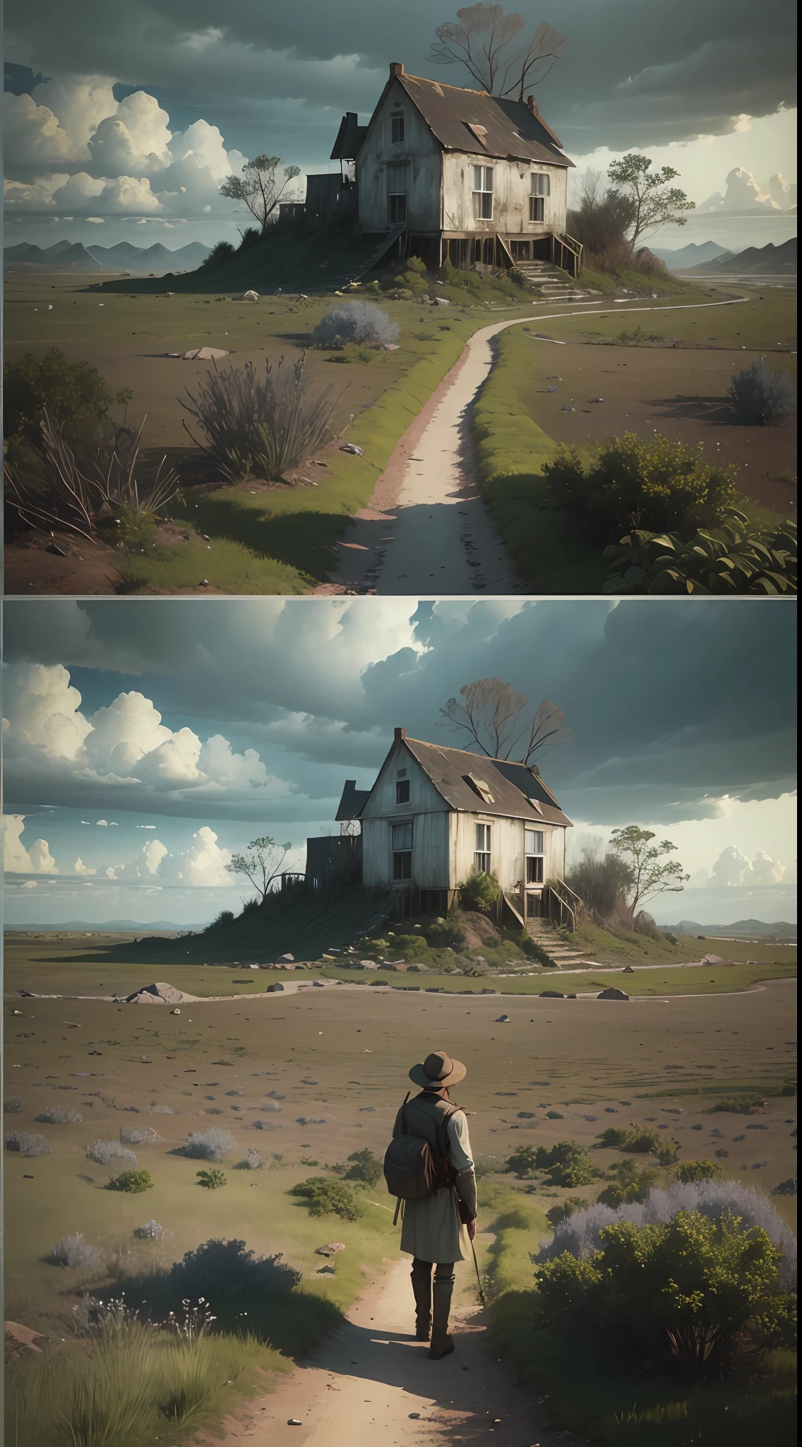((best quality), (masterpiece), (detailed)) as the English colonist returns to the island of Roanoke, a perplexing silence fills the air, accompanied by an overwhelming sense of abandonment. The scene is captured in the style of John White, showcasing the realism movement. The composition depicts the colonist standing amidst the desolate landscape, with a somber expression on his face. The details are meticulously rendered, capturing the rugged terrain, overgrown vegetation, and the dilapidated remnants of the settlement. The lighting emphasizes the eerie atmosphere, casting long shadows and adding a sense of mystery. The colors are subdued, reflecting the somber mood of the scene. The camera angle used to capture this moment is a low-angle shot, emphasizing the vastness of the abandoned island and evoking a feeling of isolation.