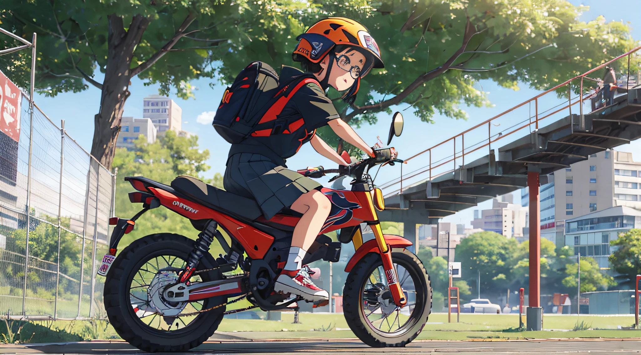 A five-year-old oriental girl wearing a red bull demon helmet, olive green backpack, blue denim strap skirt, black-framed glasses, front view, left view, right view, full body shot, playing football on the playground, heads-up shooting, Pux style-ar 16:9 --auto --s2