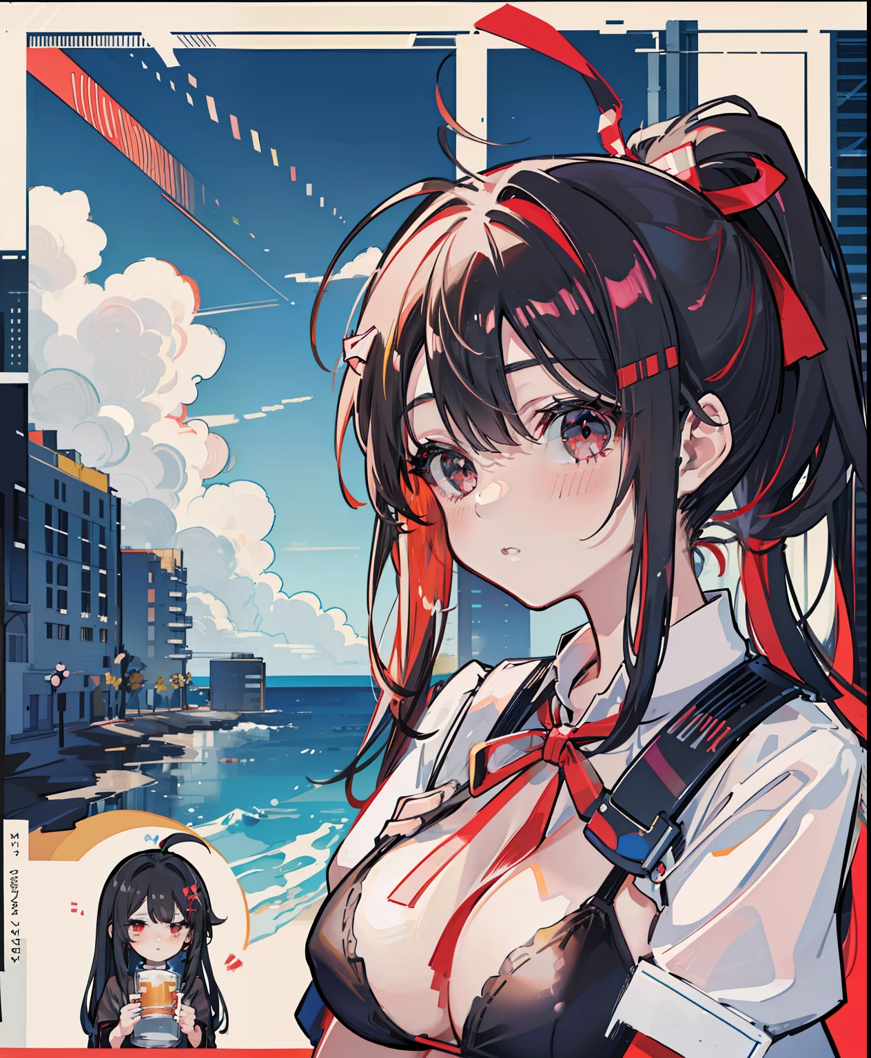 (best image quality, best girl), (one girl), ((girl with a ponytail wearing a red ribbon-like hair ornament)), red ribbon type hair ornament, (black hair), matching bangs, ahoge, vermilion around the eyes, ((black eyes)), ((drooping eyes)), parted lips, expressionless, blush, confidence, satisfaction, intimacy, (((big)), ((overall)), micro bikini, black tights, white beer mug
