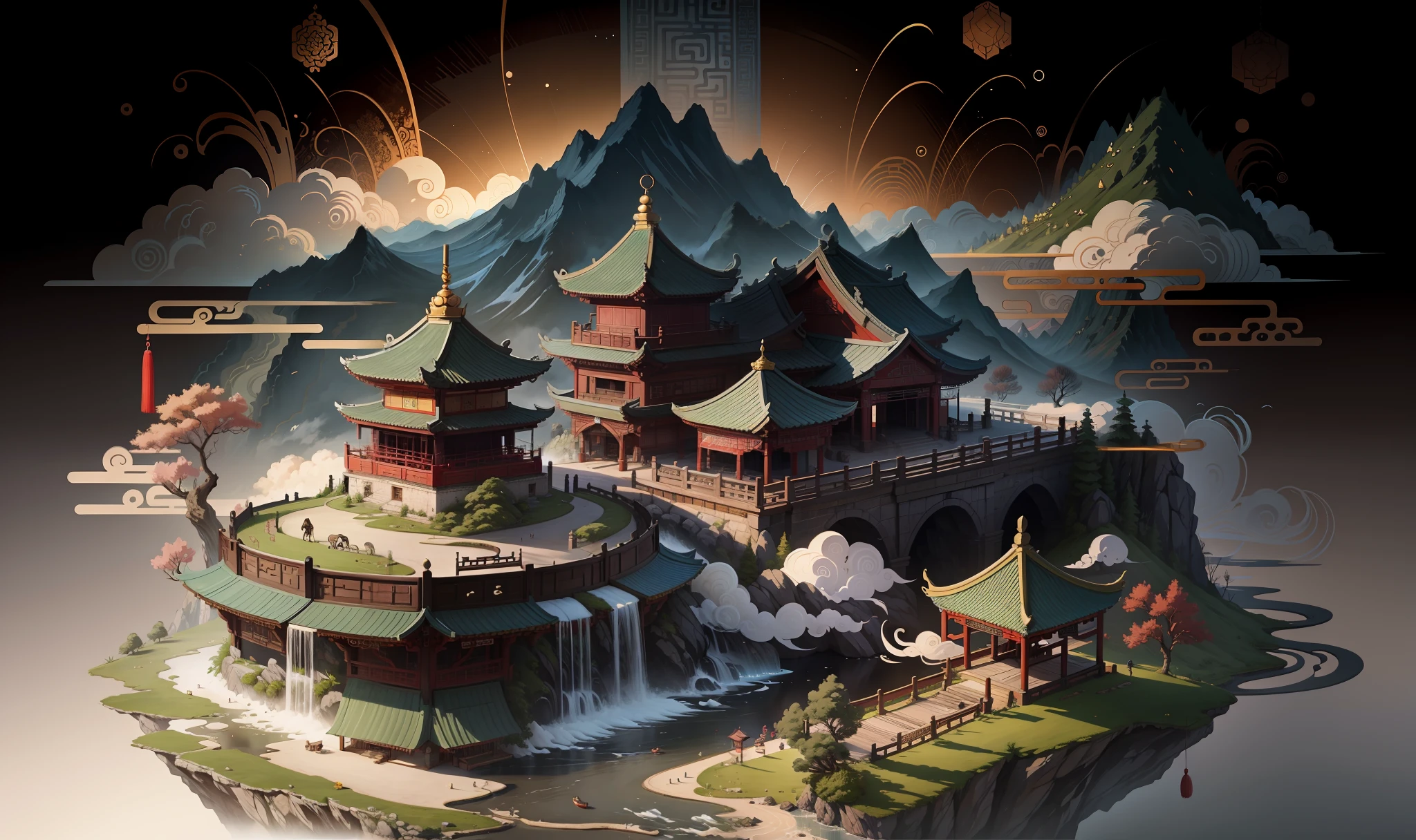 Ancient Chinese scenery, mountains, rivers, auspicious clouds, sunshine, masterpieces, super detail, epic composition, ultra HD, high quality, extremely detailed, official art, unified 8k wallpaper, Super detail, 32k -- v 6