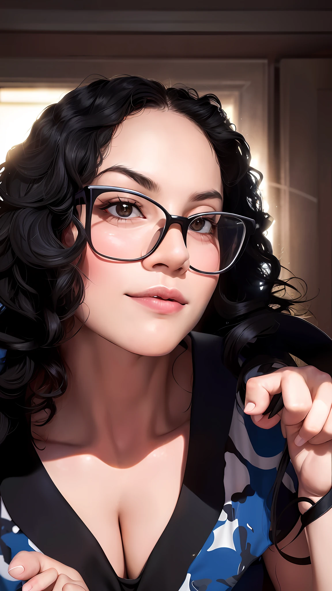 there is a woman with glasses and a black top posing for a photo, long wavy black hair and glasses, of Nándor Katona, wearing small round glasses, her face framed with curls, wearing thin large round glasses, wearing black frame glasses, looking away from the camera, headshot headshot profile picture,