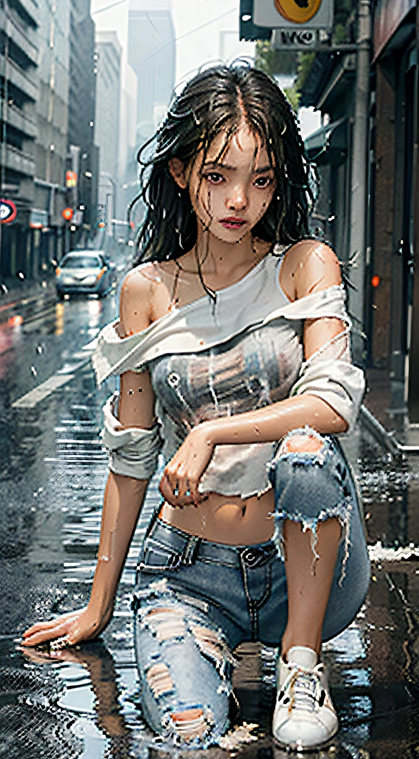 best image quality, masterpiece, super high resolution, (fidelity:1.4), photo, 1 girl, white shirt, torn jeans, white sneakers, dim, darkness, despair, pity, poor, movie, tears, teardrops, (torn clothes:1.5), (wet clothes:1.4), bare shoulders, real rain, wet hair,..
