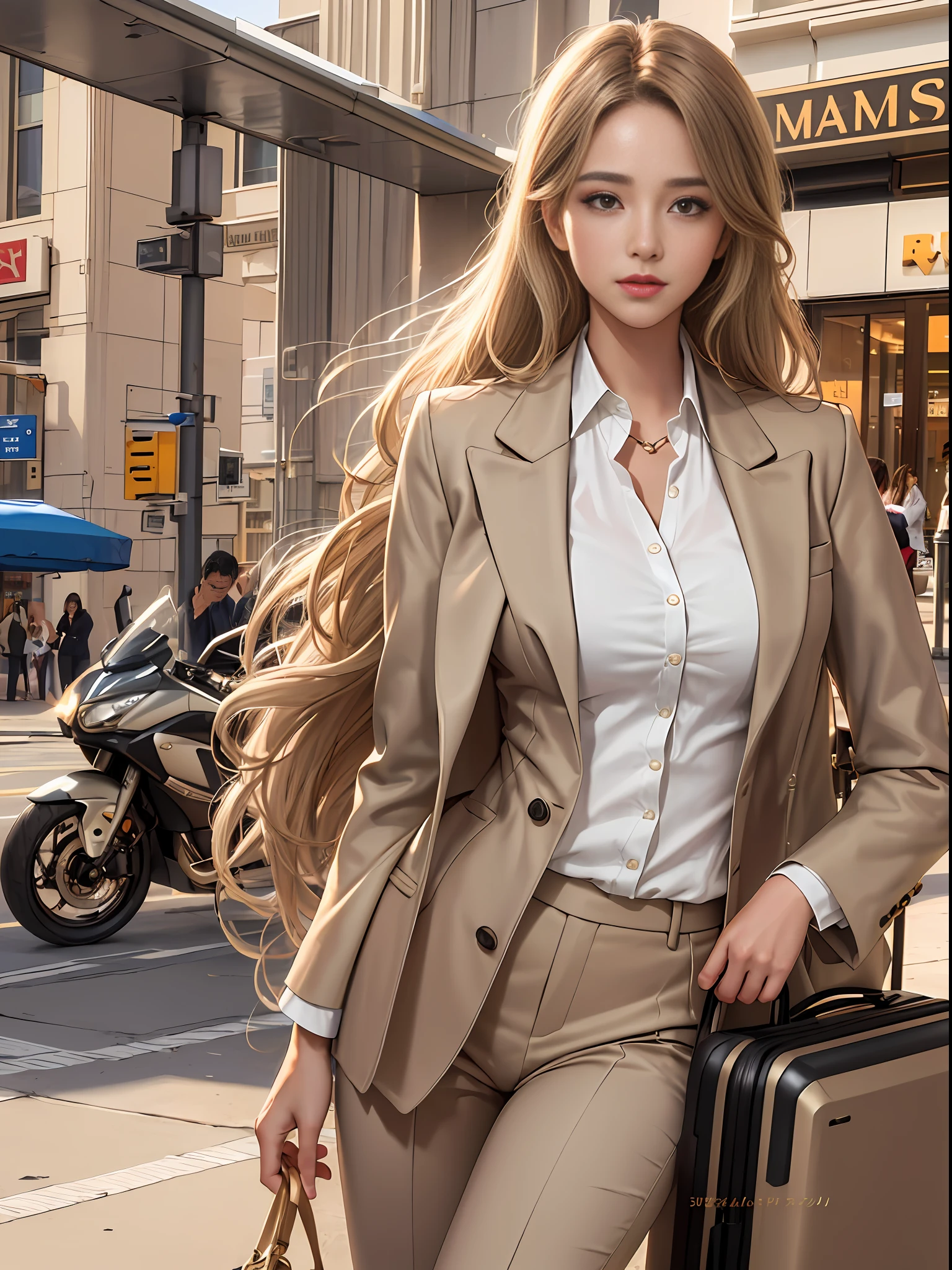 woman in a tan suit and sunglasses, with a luggage, in front of  airport, tan suit, elegant suit, beige, girl in a suit, beige color,  tan, girl in suit, trench coat and suit, elegant slim beige shirt, stylish suit, taupe, neutral tones, short pants and a long jacket, sandy beige, wearing a blazer, open jacket, wavy hair style,  (hyperrealistic), (illustration), (high resolution), (8K), (extremely detailed), (best illustration), (beautiful detailed eyes), (best quality), (ultra-detailed), (masterpiece), (wallpaper), (detailed face)