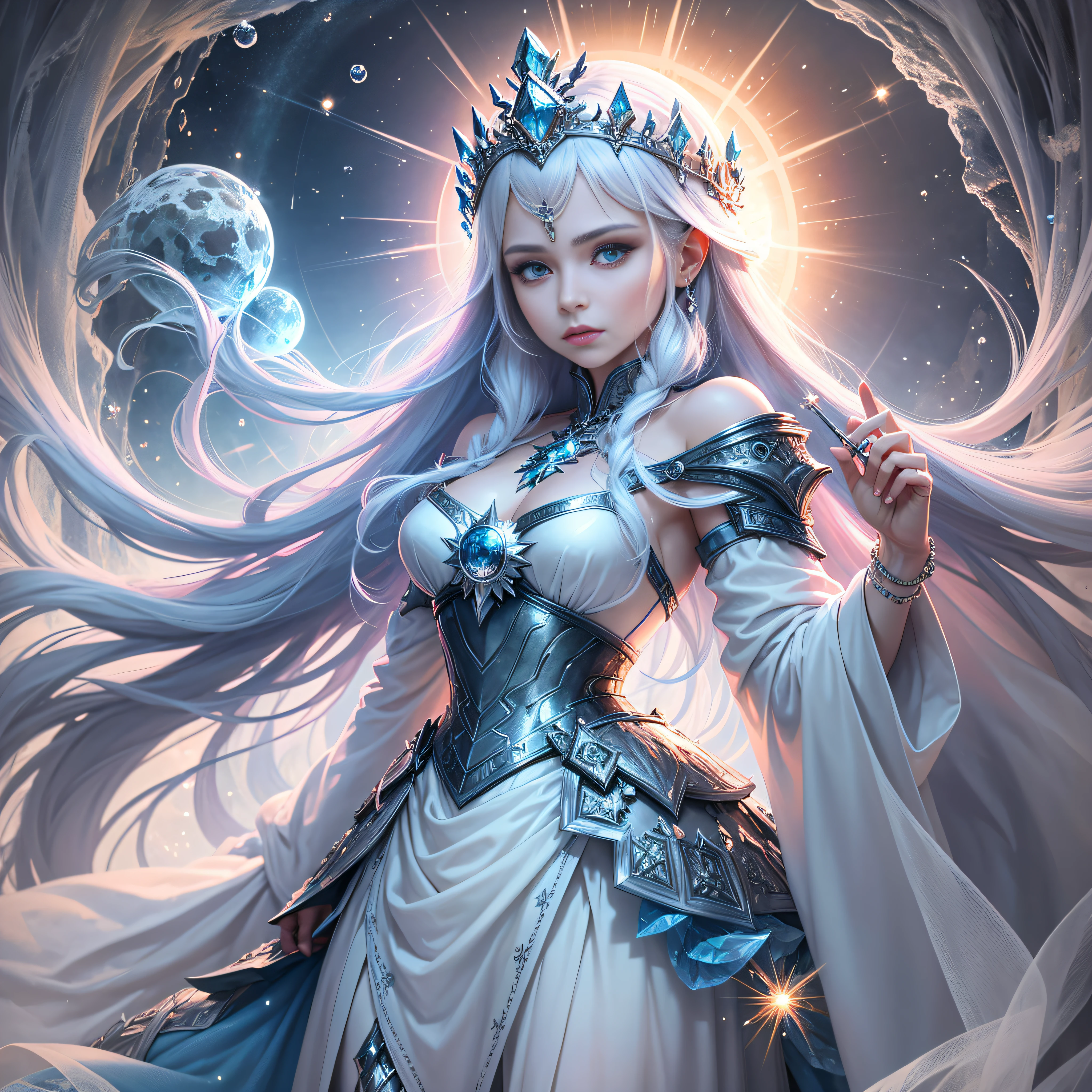 `an ice queen in a kingdom with the sun in the background, high definition, rich in details` --auto --s2