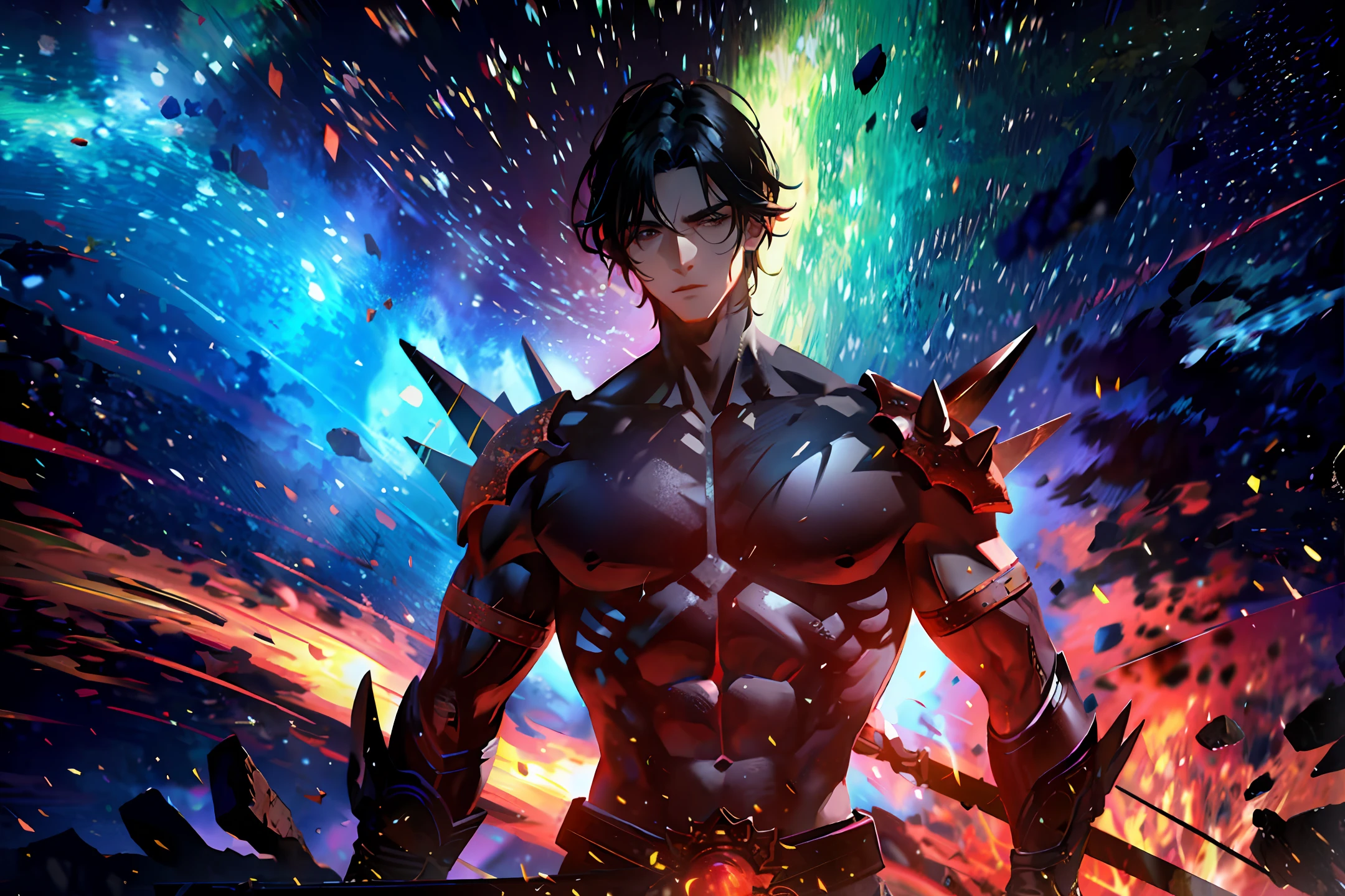 A giant stone man 20 meters high, spikes full of people, fire and thunder spinning around, on his shoulder is a young man with dark hair, a strong face holding a sword, 4k images, hdr+