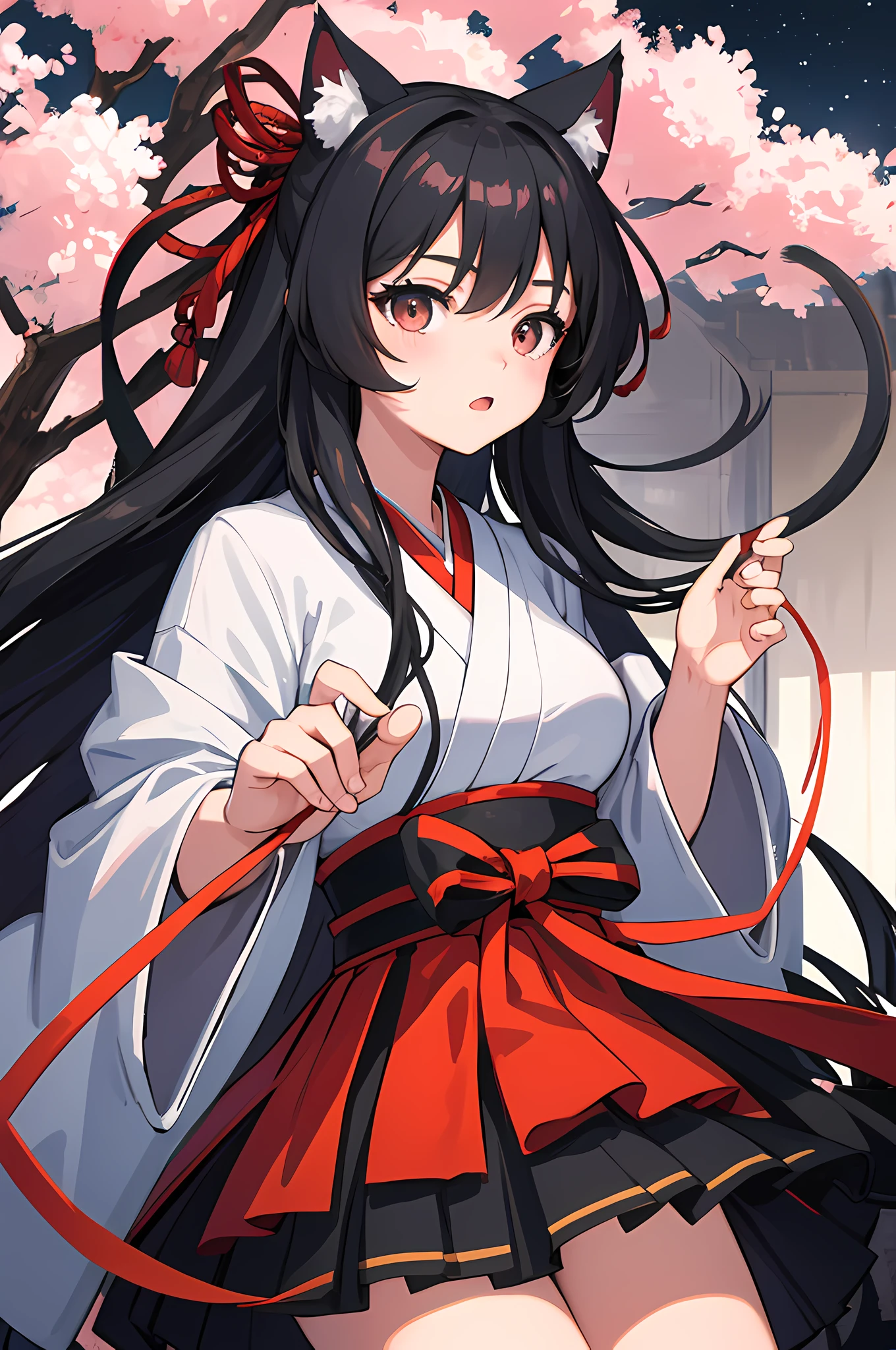 (8k, highest quality, masterpiece: 1.2), anime, illustration, super detail, highest quality, super high resolution, mysterious, black eyes, gray hair, cat ears, solo focus, masterpiece, best quality, priestess, black hakama skirt, alone, 16 years old, japanese style, Japan, cool, cherry blossom, skirt, long hair, red cheeks, standing figure, night, lower angle, hair ornament ribbon, milky way, big breasts, eyes high resolution