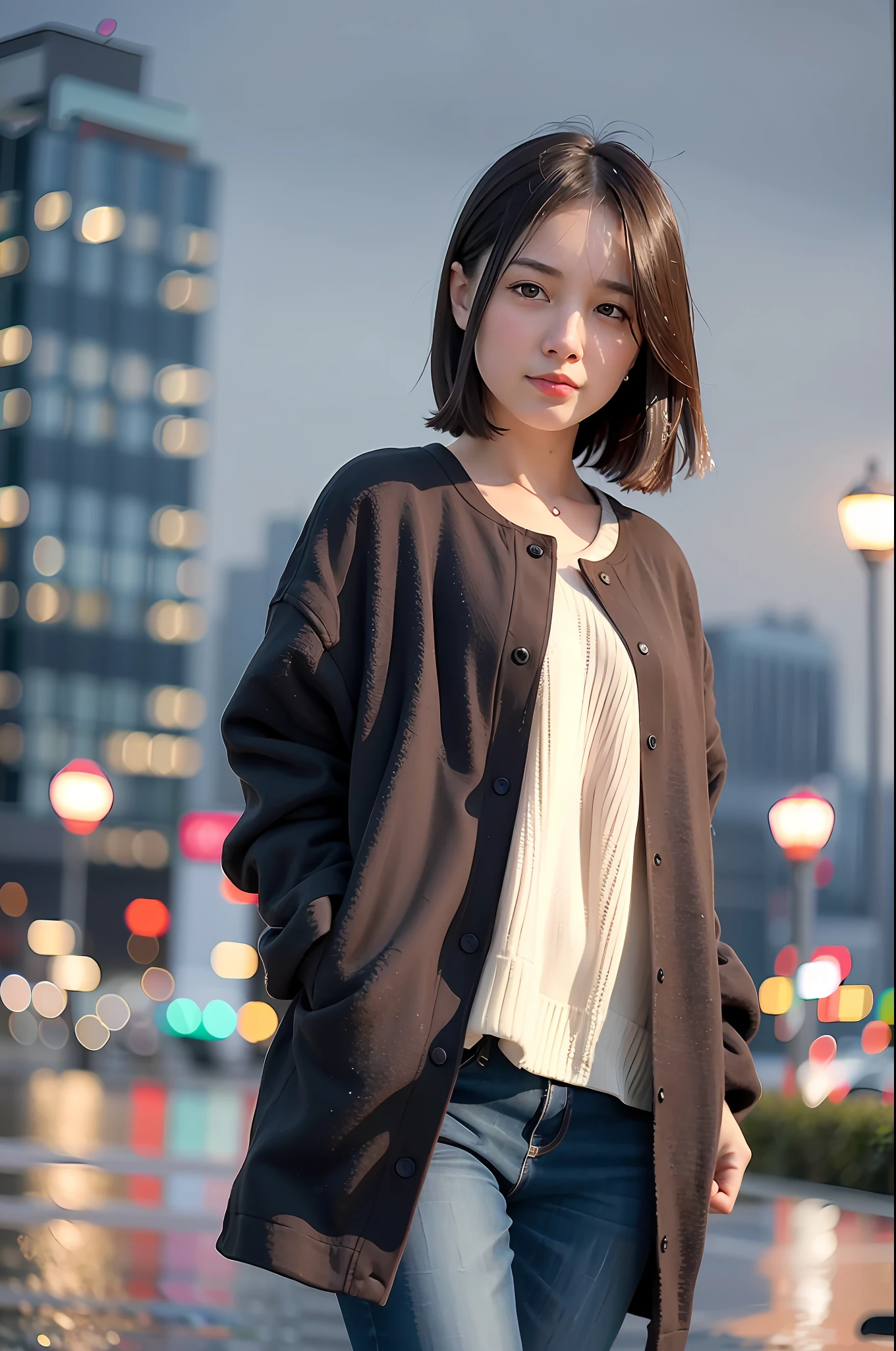 mix4, (8k, raw photography, top quality, masterpiece: 1.2), (realistic, photorealistic: 1.37), 1 girl, cute, cityscape, night, rain, wet, professional lighting, photon mapping, radiosity, physics-based rendering