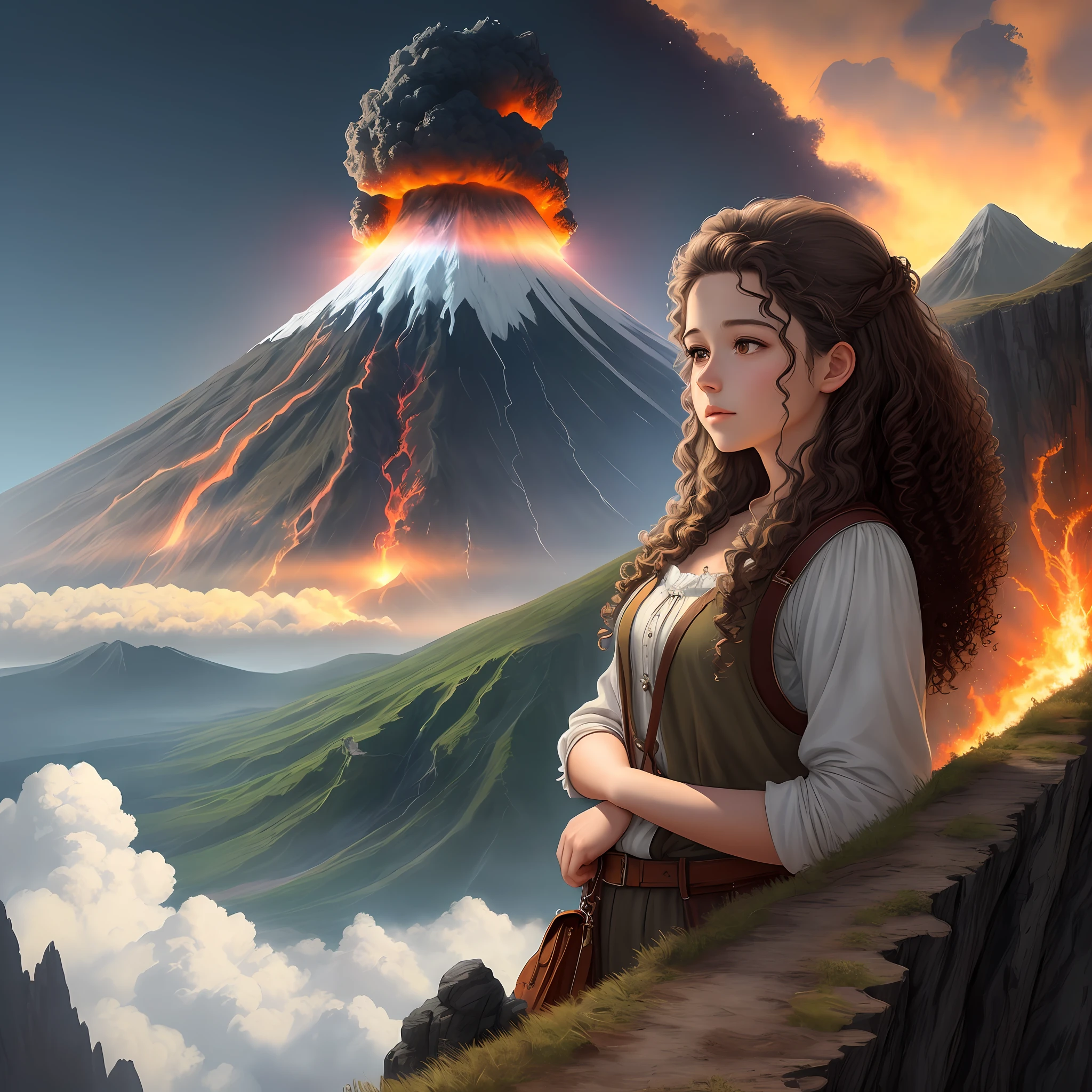 Drawing, fantasy, realism, high detail, mountain, cliff, cliff, girl 26 years old with curly brown hair, looking at the sky, erupting volcano, 8kk