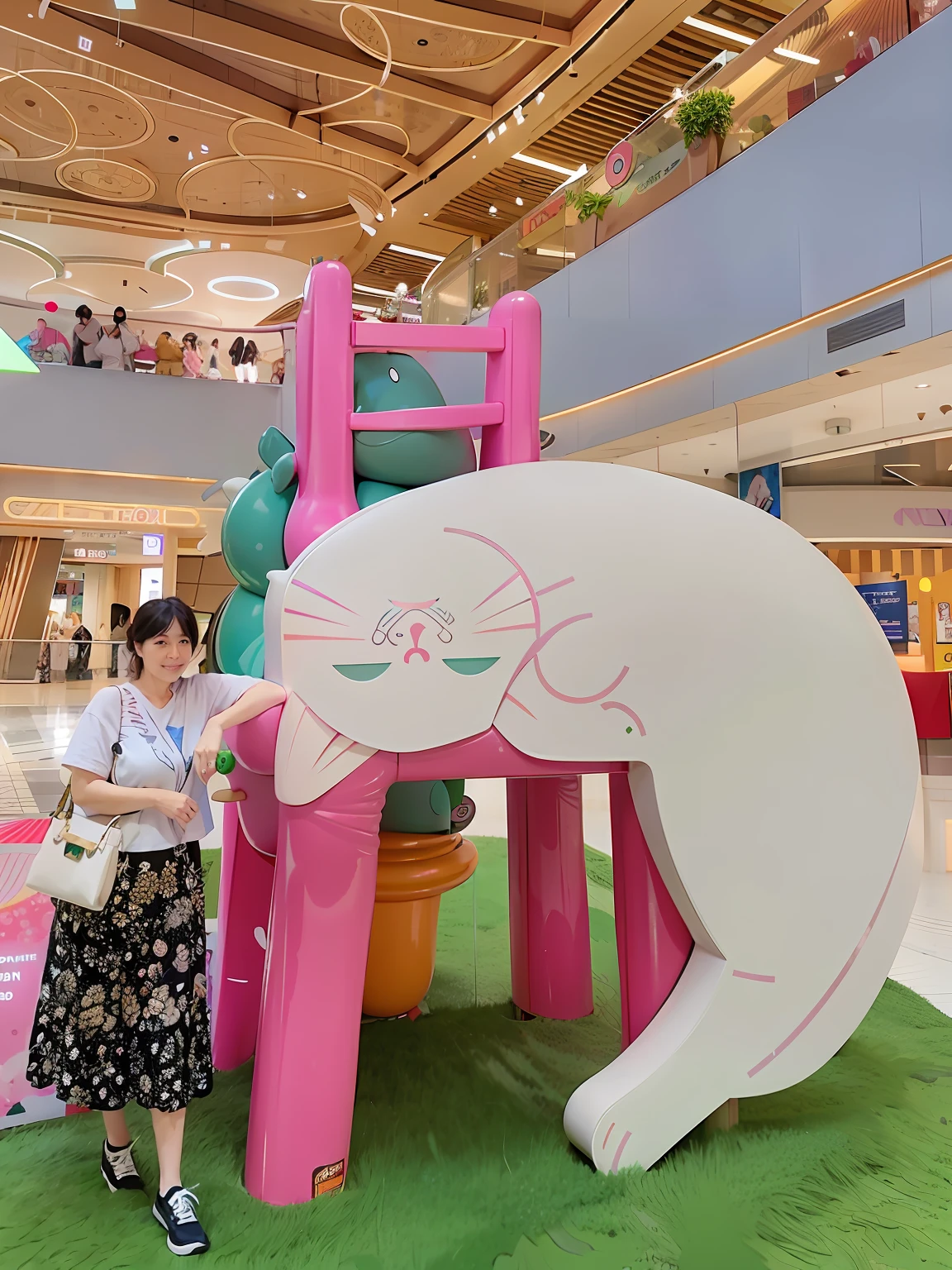 there is a woman standing next to a giant cat sculpture, appearing in a shopping mall, in a mall, at a mall, vaporwave mall aesthetic, hand painted cartoon art style, giant alice in wonderland, life-size, in magnificent shopping mall, trending ,, chinese artist, real life size, taken with sony alpha 9, 8k)), in tokio