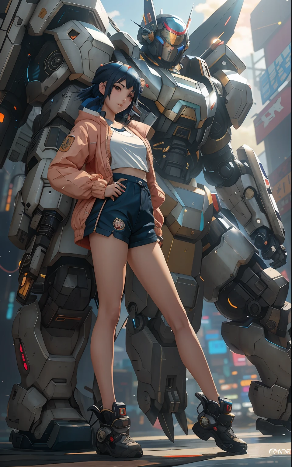 anime girl in short shorts and jacket standing next to giant robot, artwork in the style of guweiz, cyberpunk anime girl mech, trending on cgstation, guweiz, by Russell Dongjun Lu, digital cyberpunk anime art, ross tran 8 k, guweiz on artstation pixiv, girl in mecha cyber armor