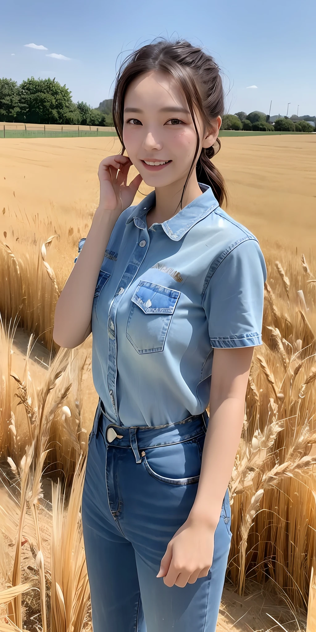 Korean Woman, (Masterpiece, Beautiful People, Dirty Smile), Virtual YouTube, a woman is doing farm work in a wheat field, her hair is tied into a simple ponytail, she is wearing an old floral shirt and a pair of faded jeans, her face is sweaty and dirty, but her eyes are determined and hopeful, she holds a sickle in her hand, behind which are golden ears of wheat and blue sky. , detailed skin texture, detailed cloth texture, exquisite and detailed face, masterpiece, slim waist, slimming.
