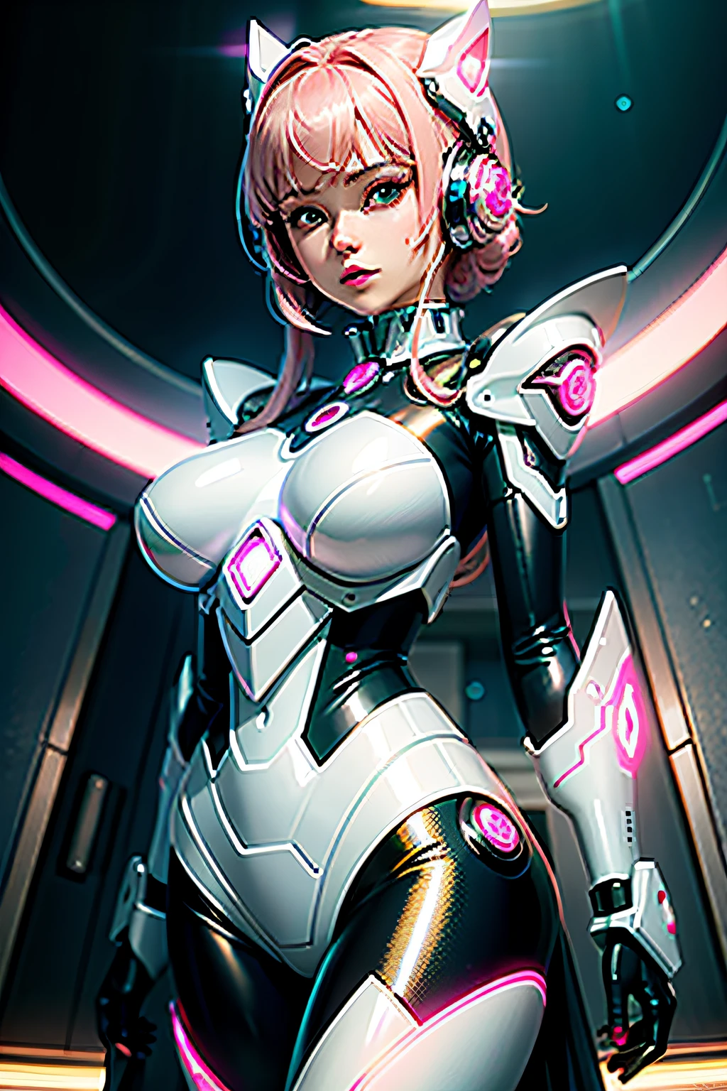A beautiful anime girl in a rose gold and silver futuristic mecha suit with the quality of a surrealist masterpiece. She has a delicate angelic face and devilish curves that shine in realistic lighting, pink neons, teal neons, fashion portrait, gradient background, aurora borealis, best quality, 8k, cinematic, incredible details, incredible skin, polish