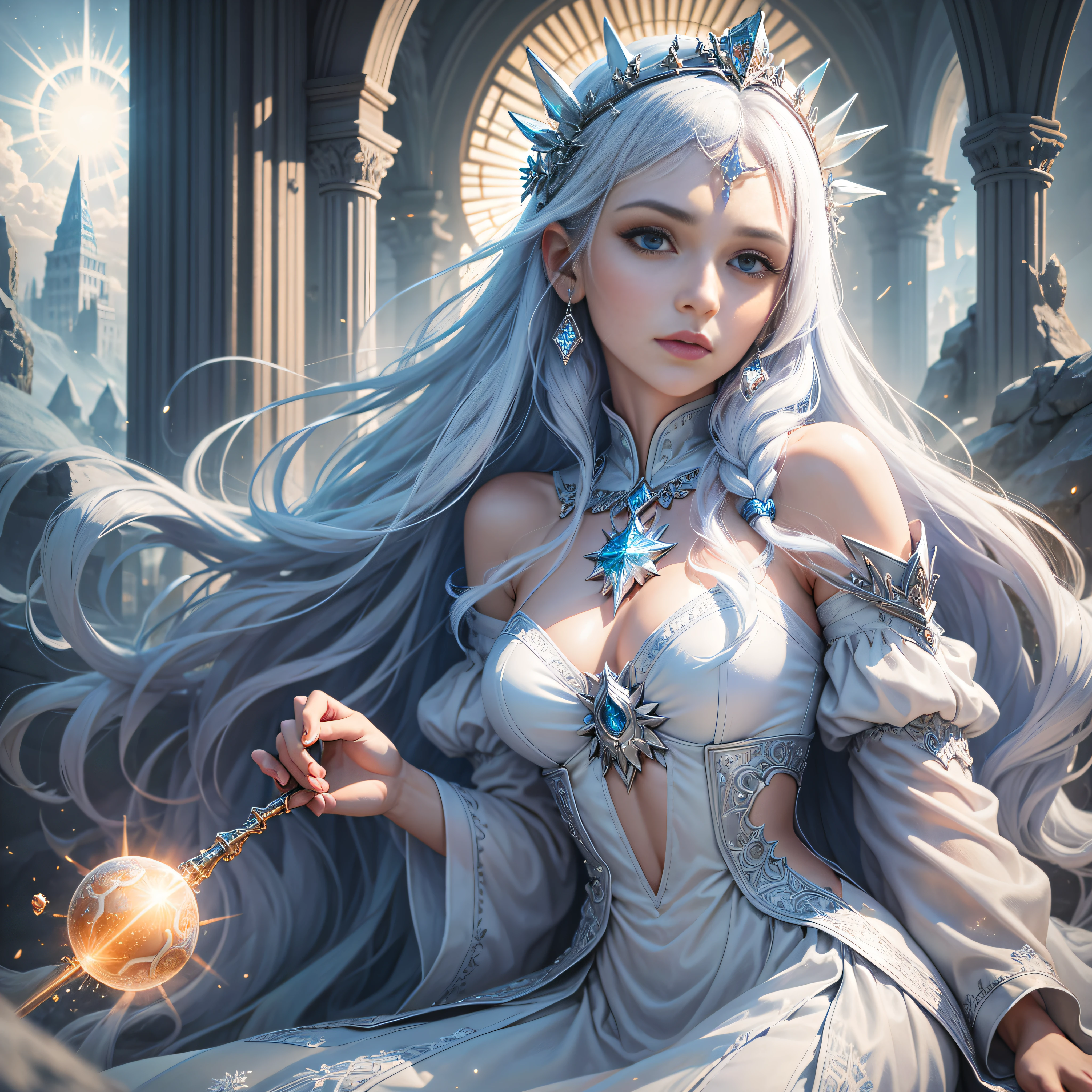 `an ice queen in a kingdom with the sun in the background, high definition, rich in details` --auto --s2