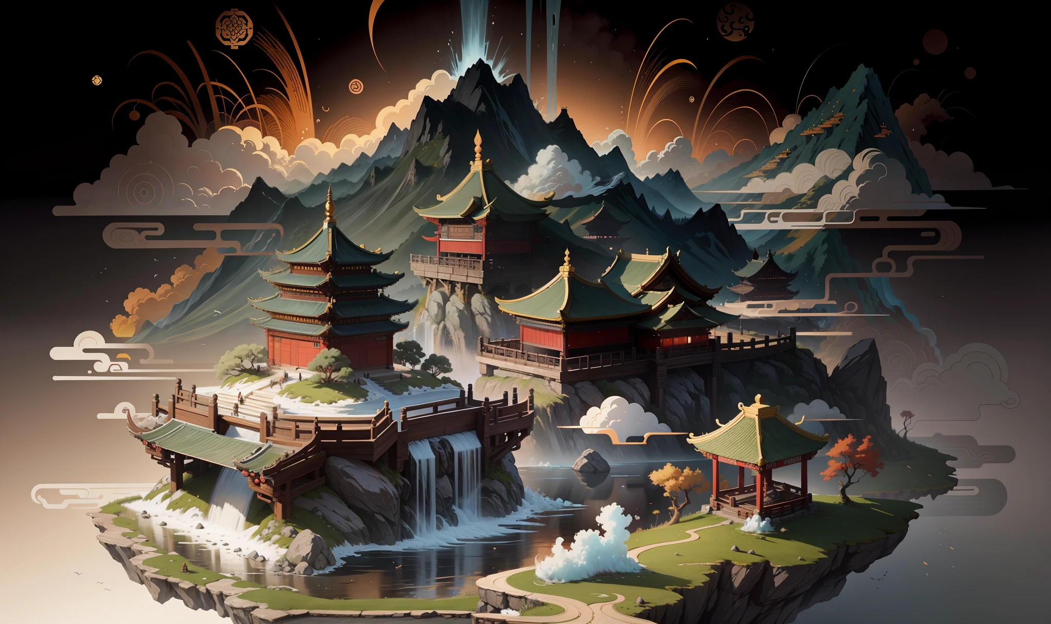 Ancient Chinese scenery, mountains, rivers, auspicious clouds, sunshine, masterpieces, super detail, epic composition, ultra HD, high quality, extremely detailed, official art, unified 8k wallpaper, Super detail, 32k -- v 6
