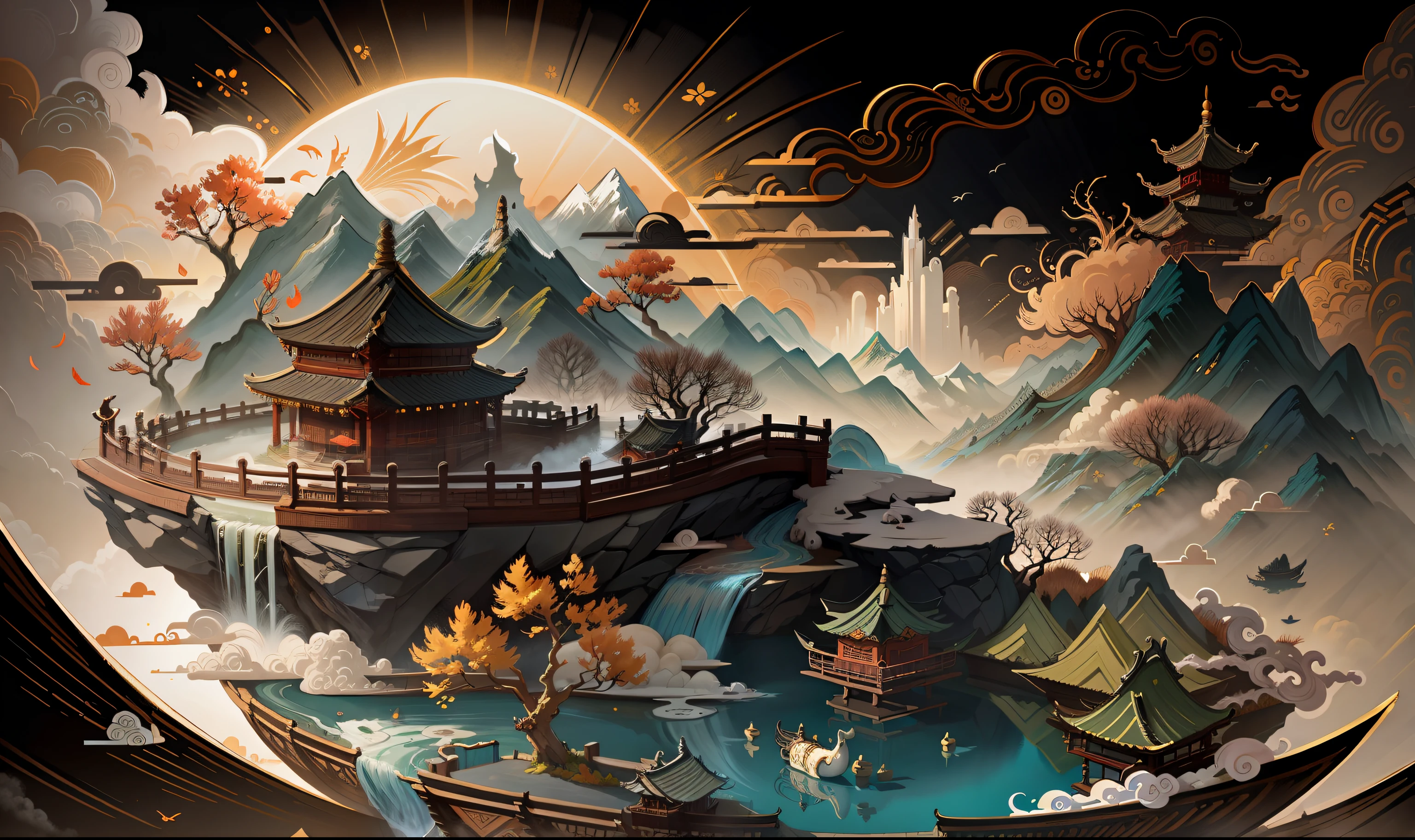 Ancient Chinese scenery, mountains, rivers, auspicious clouds, sunshine, masterpieces, super detail, epic composition, ultra HD, high quality, extremely detailed, official art, unified 8k wallpaper, Super detail, 32k -- v 6