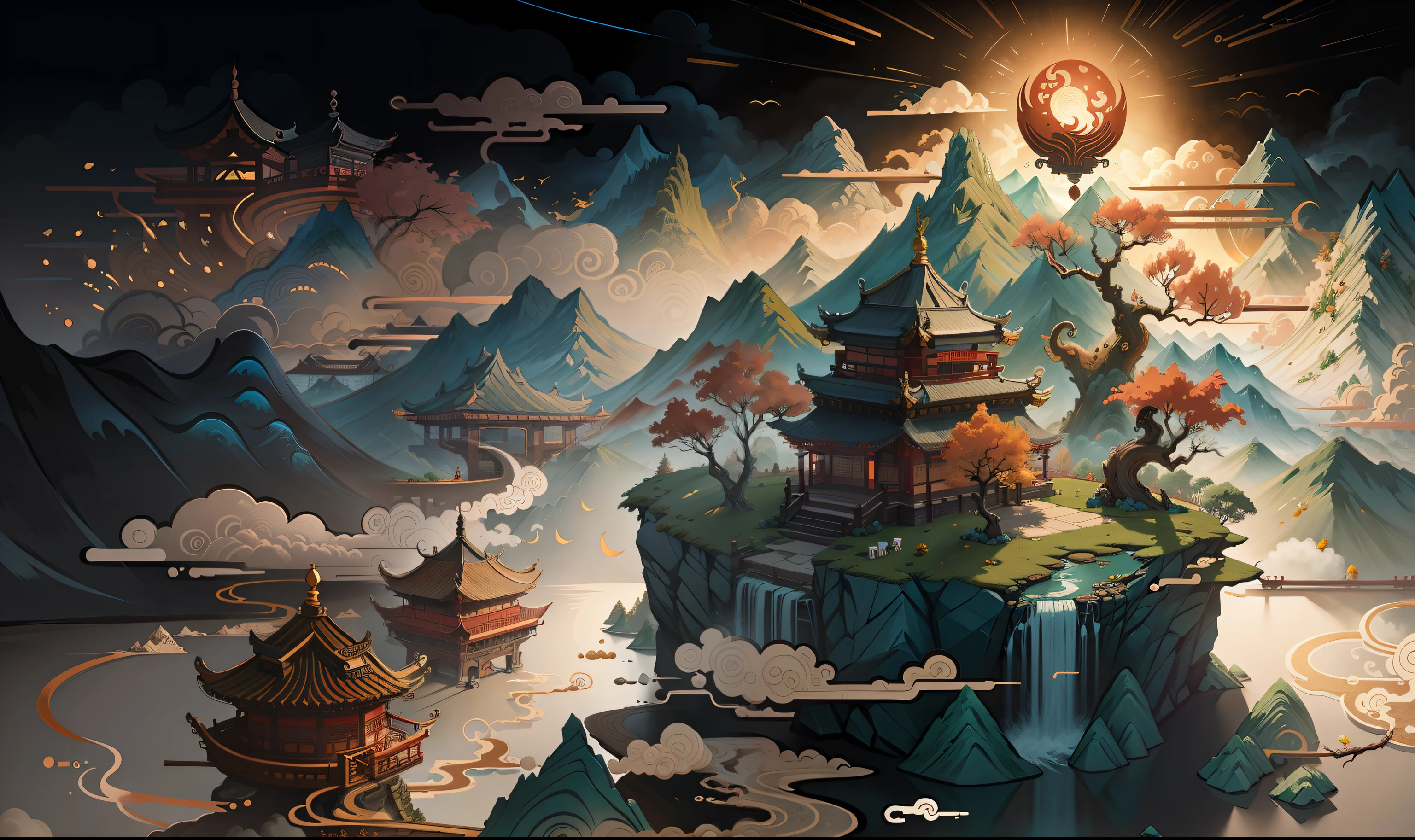 Ancient Chinese scenery, mountains, rivers, auspicious clouds, sunshine, masterpieces, super detail, epic composition, ultra HD, high quality, extremely detailed, official art, unified 8k wallpaper, Super detail, 32k -- v 6