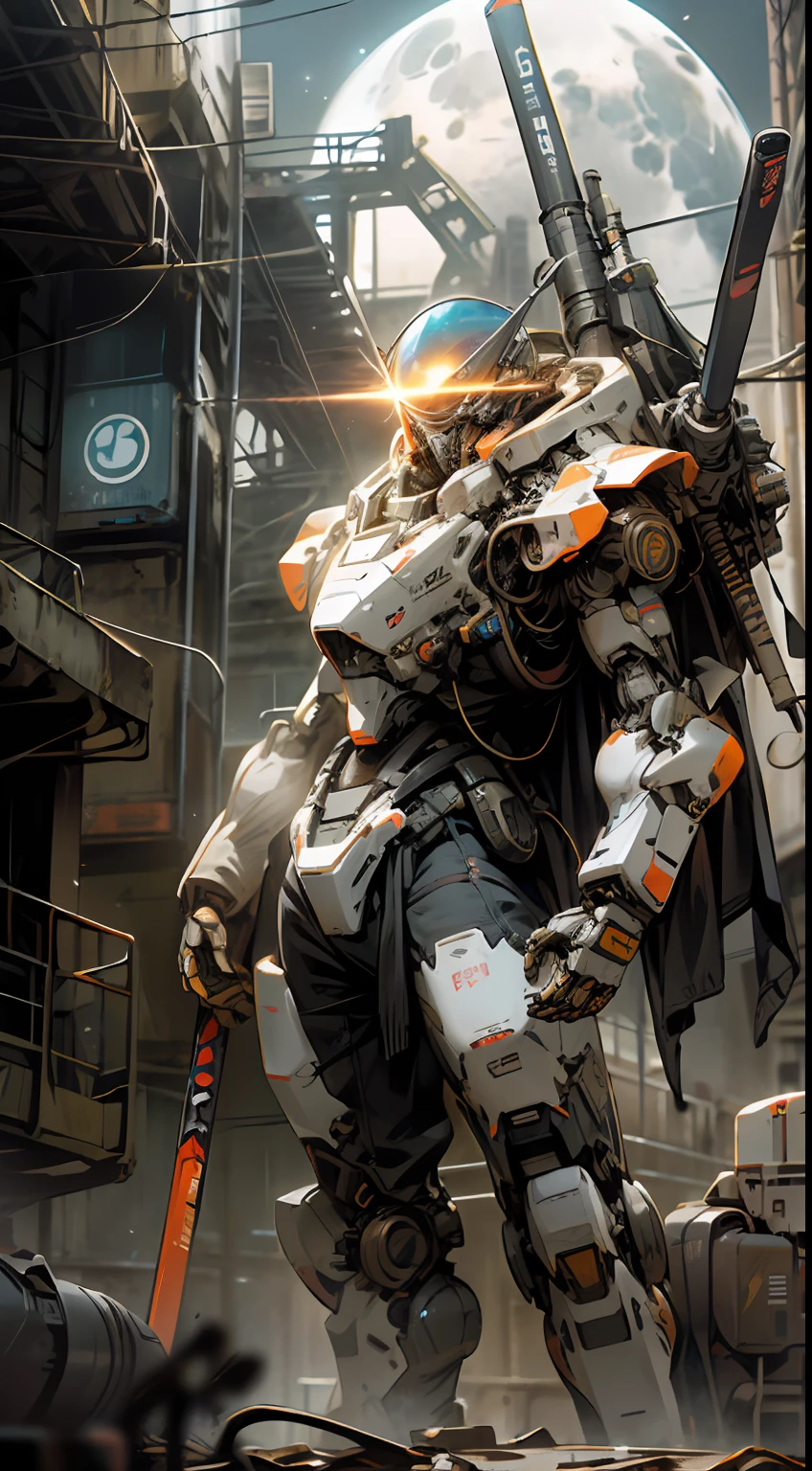 On the moon,barren planets, ruins, holding_weapon, no_humans, glowing, robot, building, glowing_eyes,orange mecha, science_fiction, city, realistic,mecha,Milky Way Galaxy background,neon,cyberpunk,