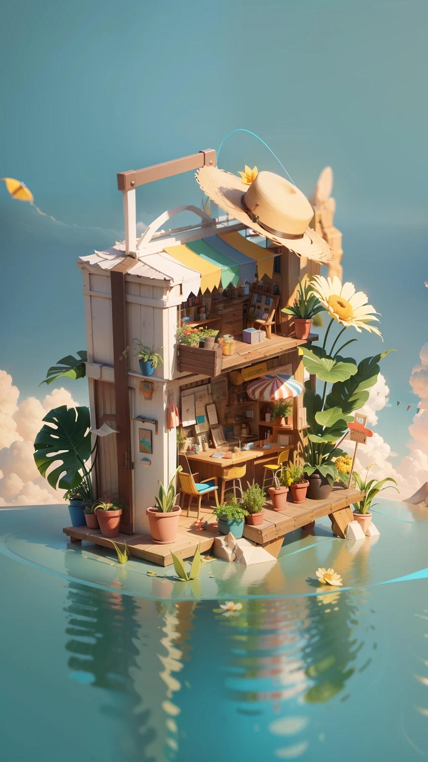 There is a suitcase with a straw hat on top, clouds leaning up, atmosphere, leaves, desert, paper airplanes, (miniature: 1.2), 2.5d illustration, 3d rendering, 3d modeling, trend in behans 3d art, trend in behans 3d art, 3d illustration, 3d illustration, commercial illustration, cinema 4d color rendering, 3d rendering stylization, stylized digital illustration, 3d stylized scene, stylized 3d rendering, 8k