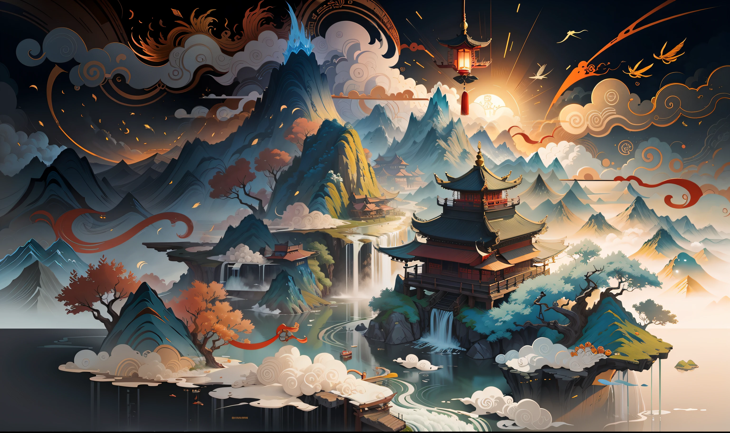 Ancient Chinese scenery, mountains, rivers, auspicious clouds, sunshine, masterpieces, super detail, epic composition, ultra HD, high quality, extremely detailed, official art, unified 8k wallpaper, Super detail, 32k -- v 6