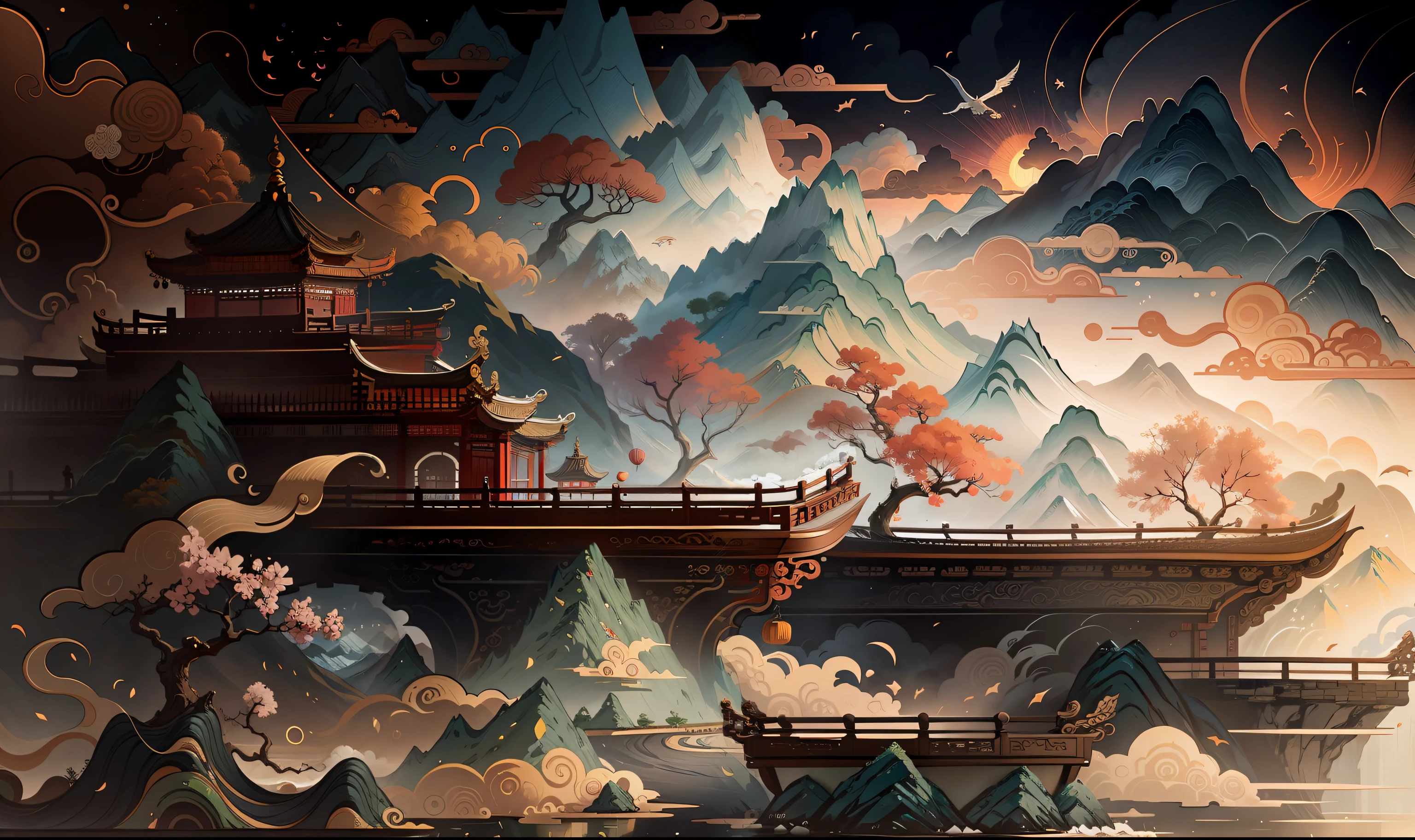 Ancient Chinese scenery, mountains, rivers, auspicious clouds, sunshine, masterpieces, super detail, epic composition, ultra HD, high quality, extremely detailed, official art, unified 8k wallpaper, Super detail, 32k -- v 6