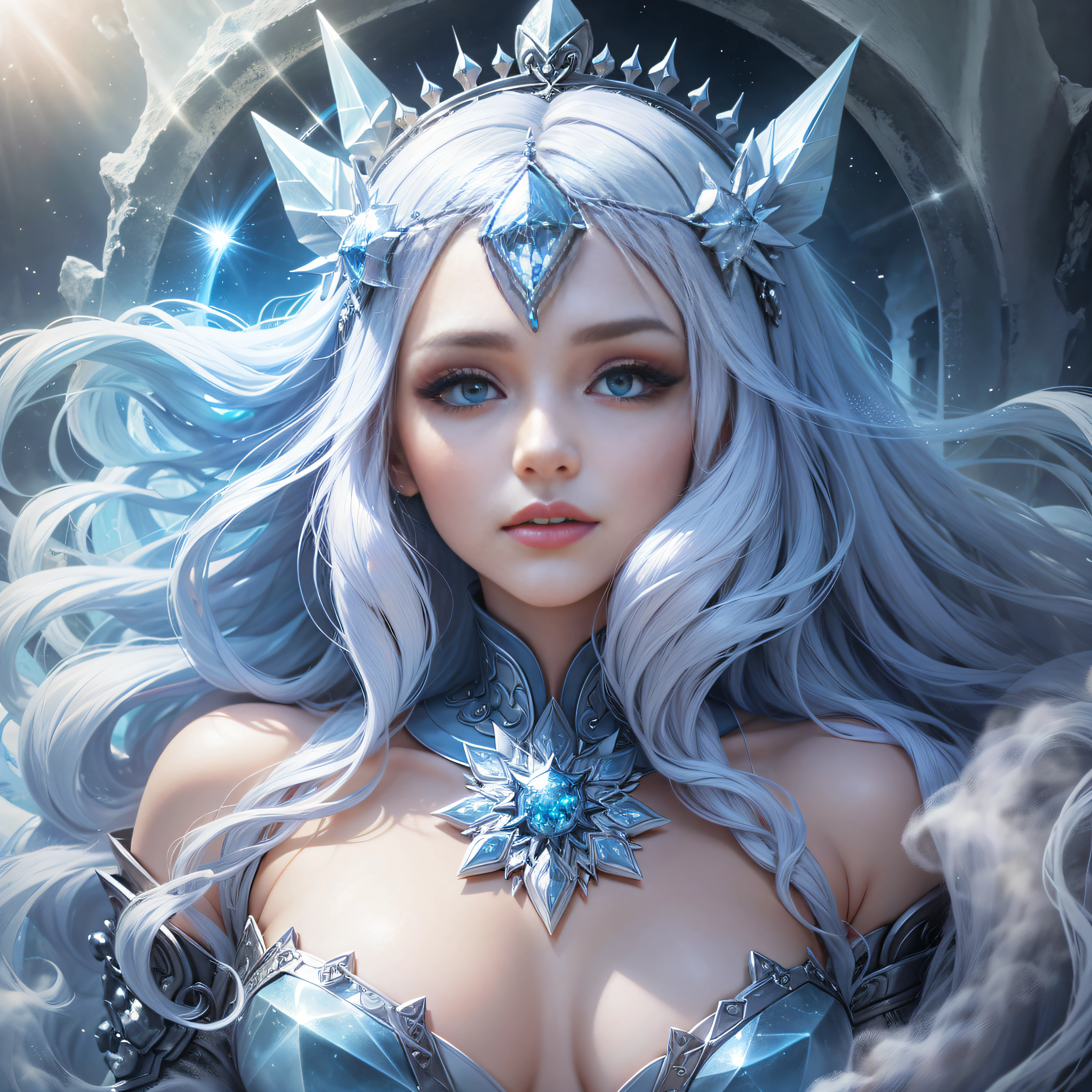 `an ice queen in a kingdom with the sun in the background, high definition, rich in details` --auto --s2